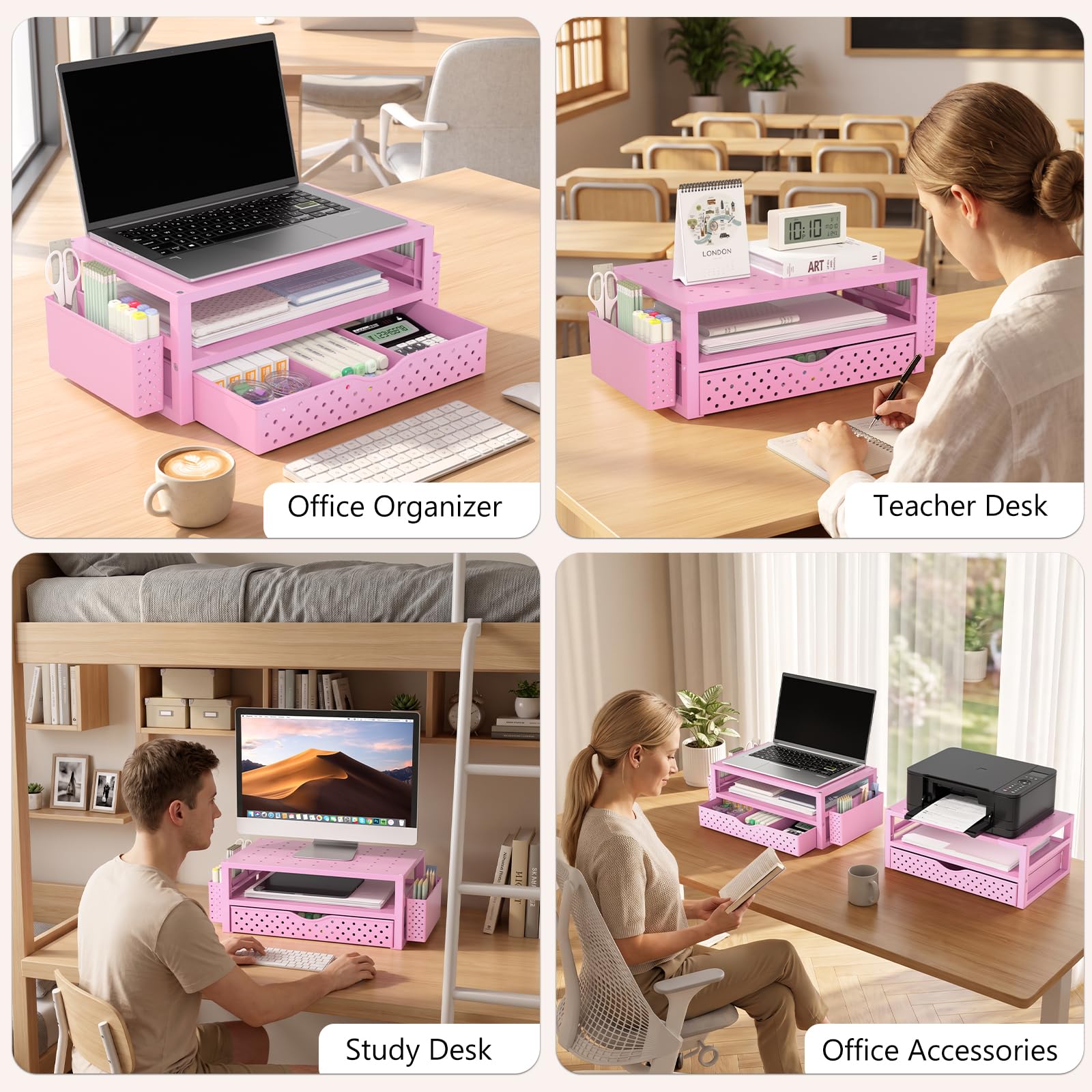 WALI Desk Organizer with Drawer and Pen Holder, 3 Tier Computer Monitor Stand for Home Office Supplies, Laptop Stand Riser for Computer, Laptop, Printer(PTT004-P), 1 Pack, Pink view 3