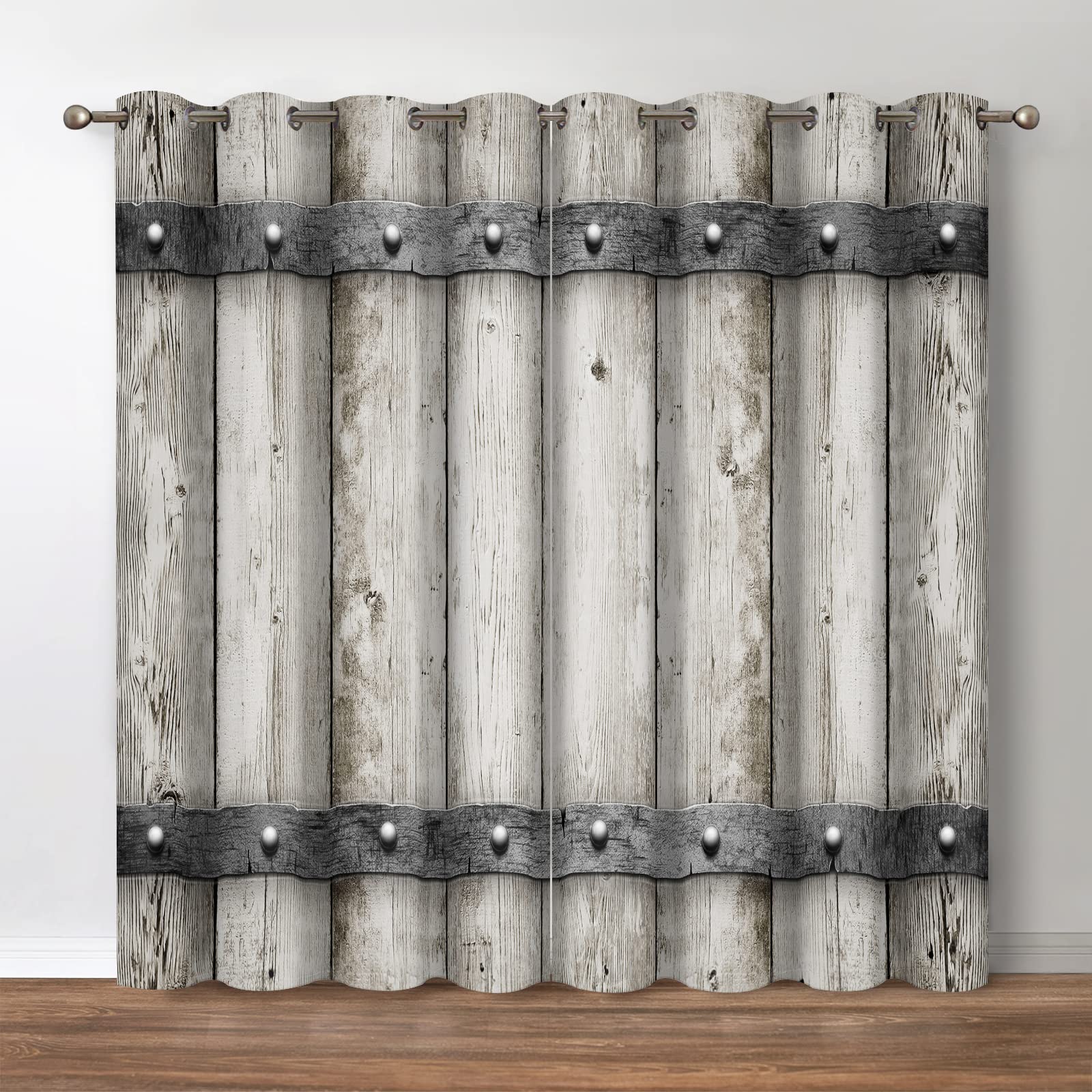 Jekeno Rustic Wooden Barn Door Blackout Curtains Retro Wood Farm Farmhouse Country Decor for Bedroom Living Room Darkening Grommet Window Drapes 2
