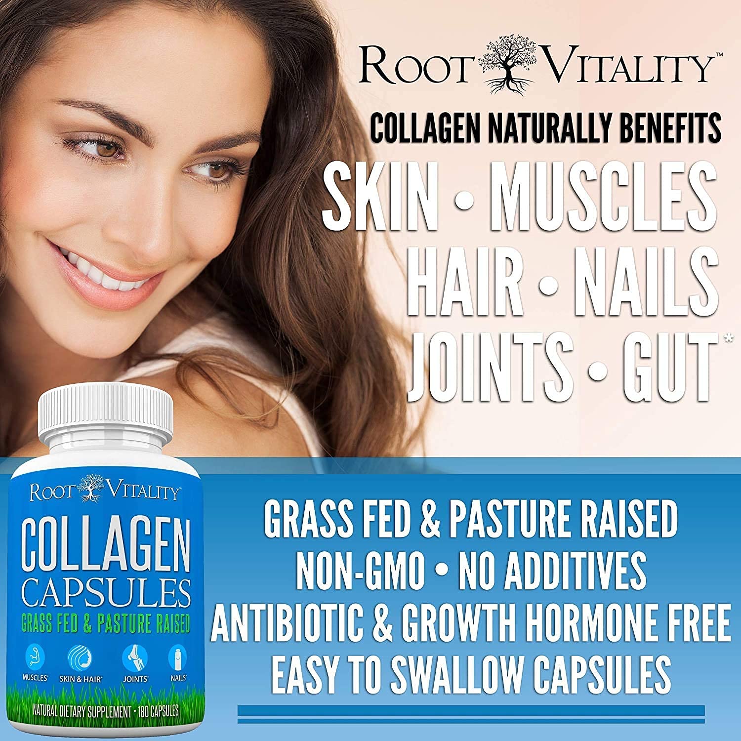 Root Vitality Collagen Peptides Capsules - 180 Count — Amazon image 2