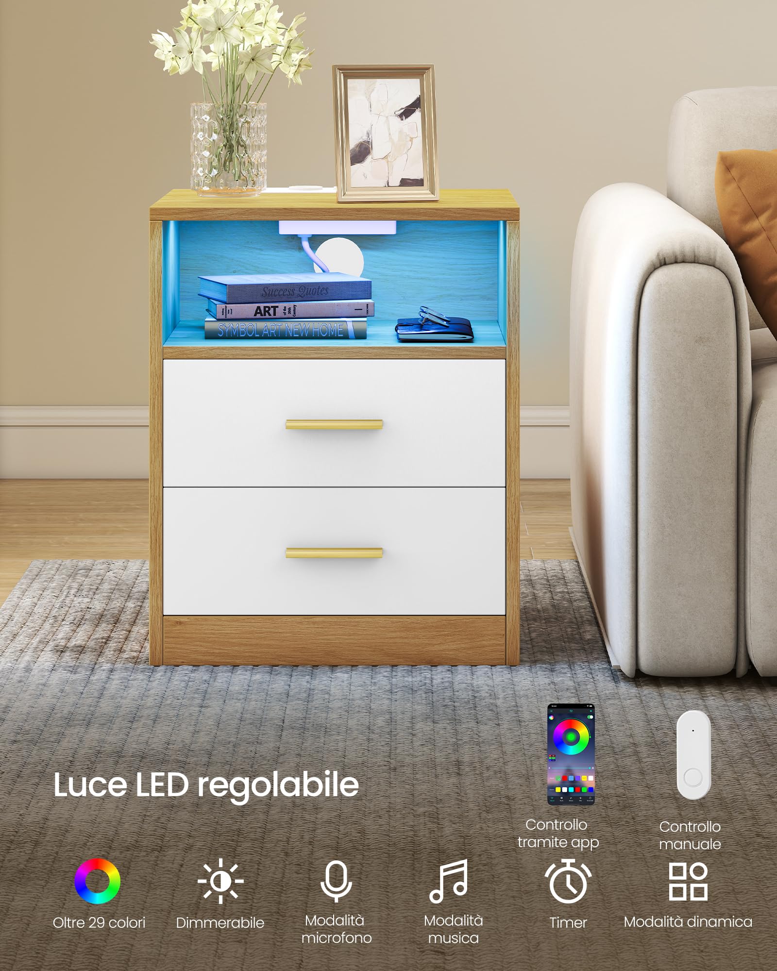 VASAGLE CUSTOS Collezione - Set di 2 Comodini con Stazione di Ricarica, Luce LED, Tavolini Moderni con Cassetti, Ripiano Aperto, 2 Prese AC e Porte USB, Rovere Naturale e Bianco Nuvola LET829YD02