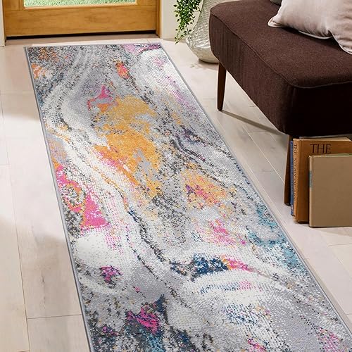 Miniatura 6 de Rugshop Alfombra de pasillo suave abstracta contemporánea, envejecida, resistente a las manchas, 2 x 7 pies, multicolor