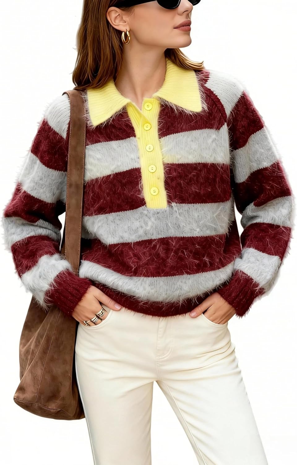 Majdan Women's Striped Polo Sweater V Neck Long Sleeve Ribbed Cuff Relaxed Fit Fall Casual Office Tops