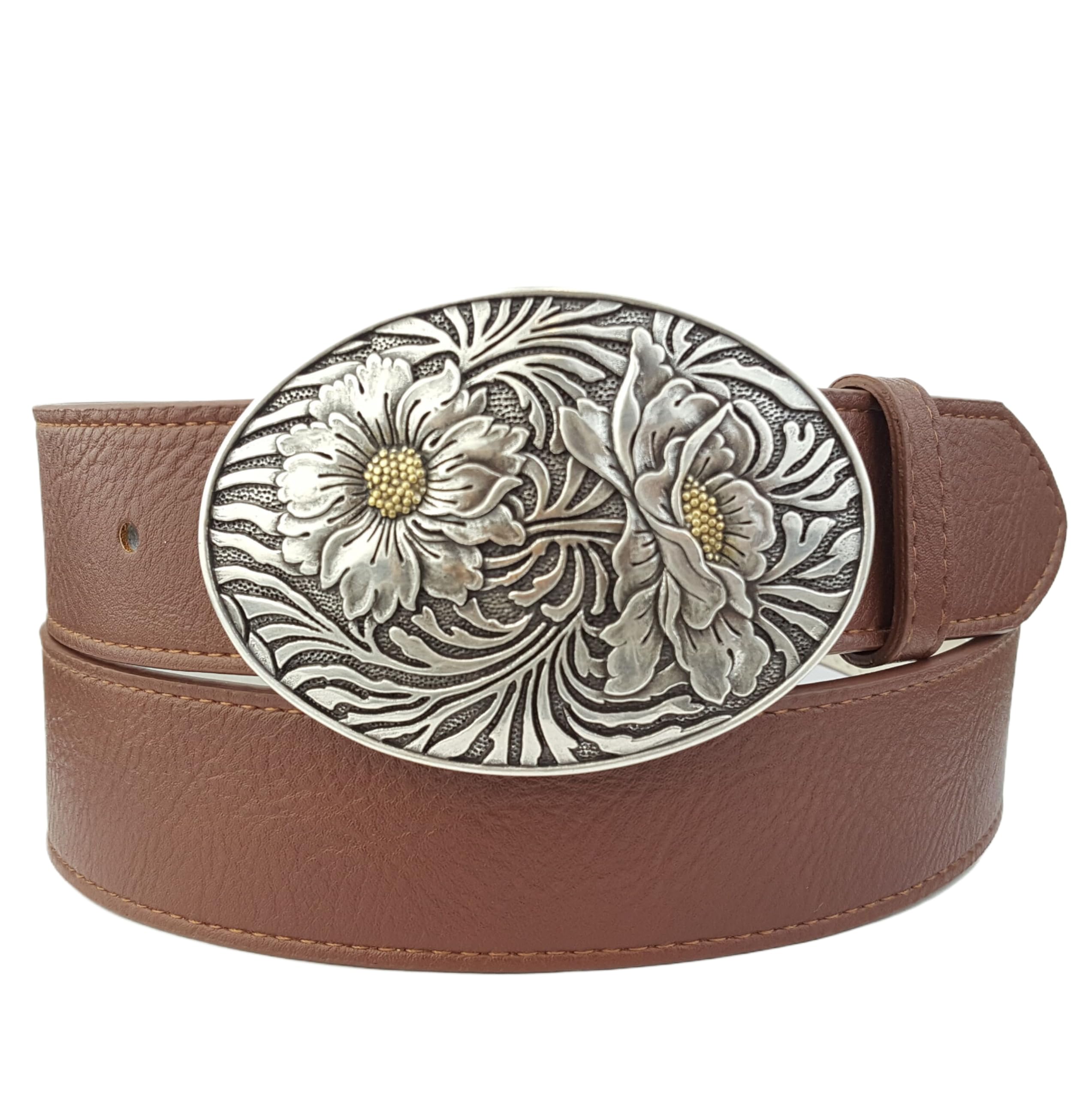 AXESORIA: Plus Size: Western Sun flower Buckle Belt Brown 2X