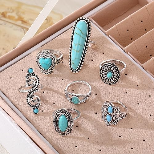 Miniatura 7 de Juego de 7 anillos apilables de plata para mujer, anillos vintage de plata antigua para mujer, juego de anillos bohemios de imitación turquesa de