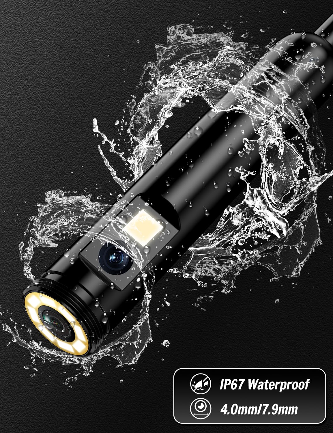 Caméra Endoscopique Double Objectif, 1920P HD Camera Inspection Canalisation avec 8+1 LEDs Réglables pour Compatible Android, iOS et tablettes, No WiFi Camera Câble Semi-Rigide(16,5 FT/5M)