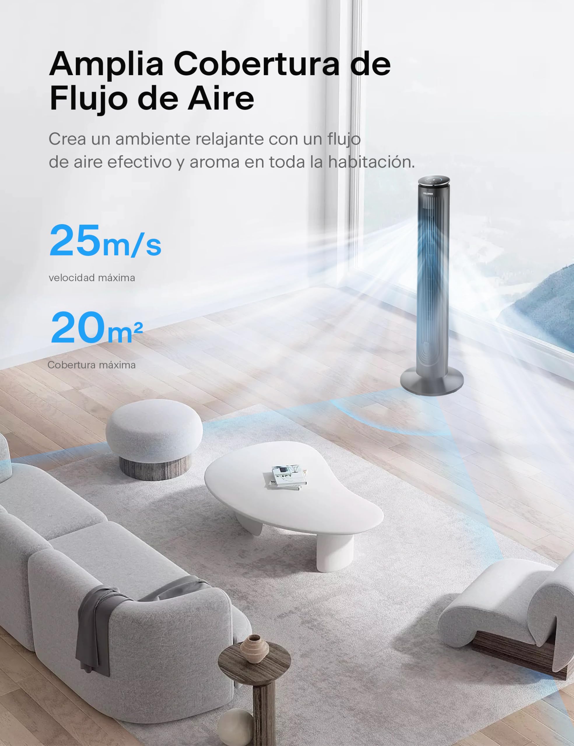 Pelonis Ventilador de Torre 106 CM, Ventilador de pie con Mando a Distancia, Ventilador Silencioso con 4 Modos y 5 velocidades, Temporizador 9H, Negro