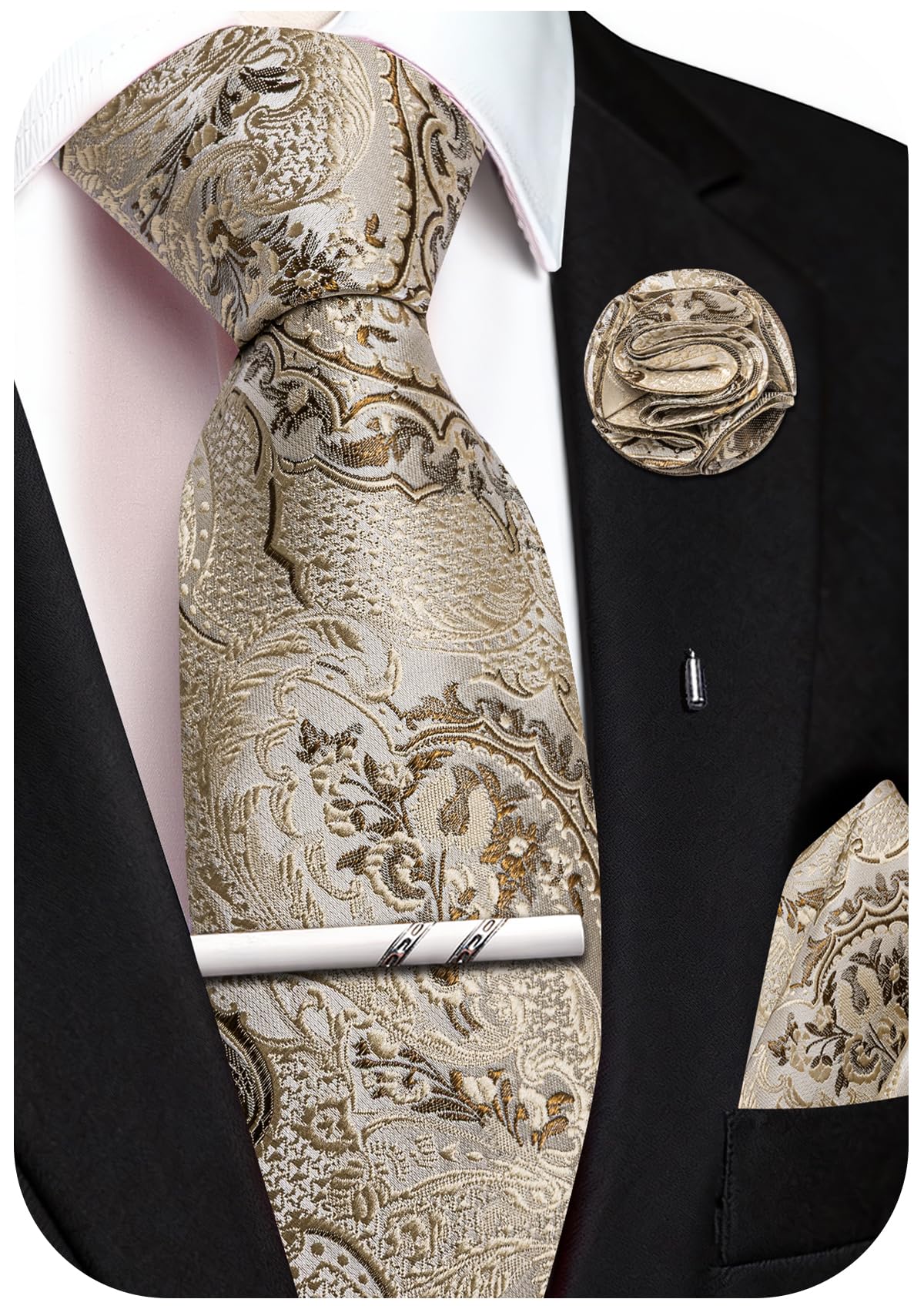 Unique Paisley Ties for Men Silk Neck Tie and Pocket Square Set with Tie Clip Lapel Pin Wedding Formal