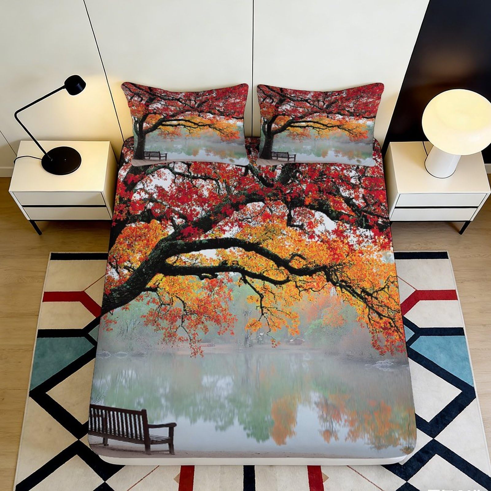 3D Printed Autumn Lake Fitted Sheet Microfiber Soft Breathable Maple Tree Mattress Cover for Bedroom Guestroom Decor 200x200x25cm