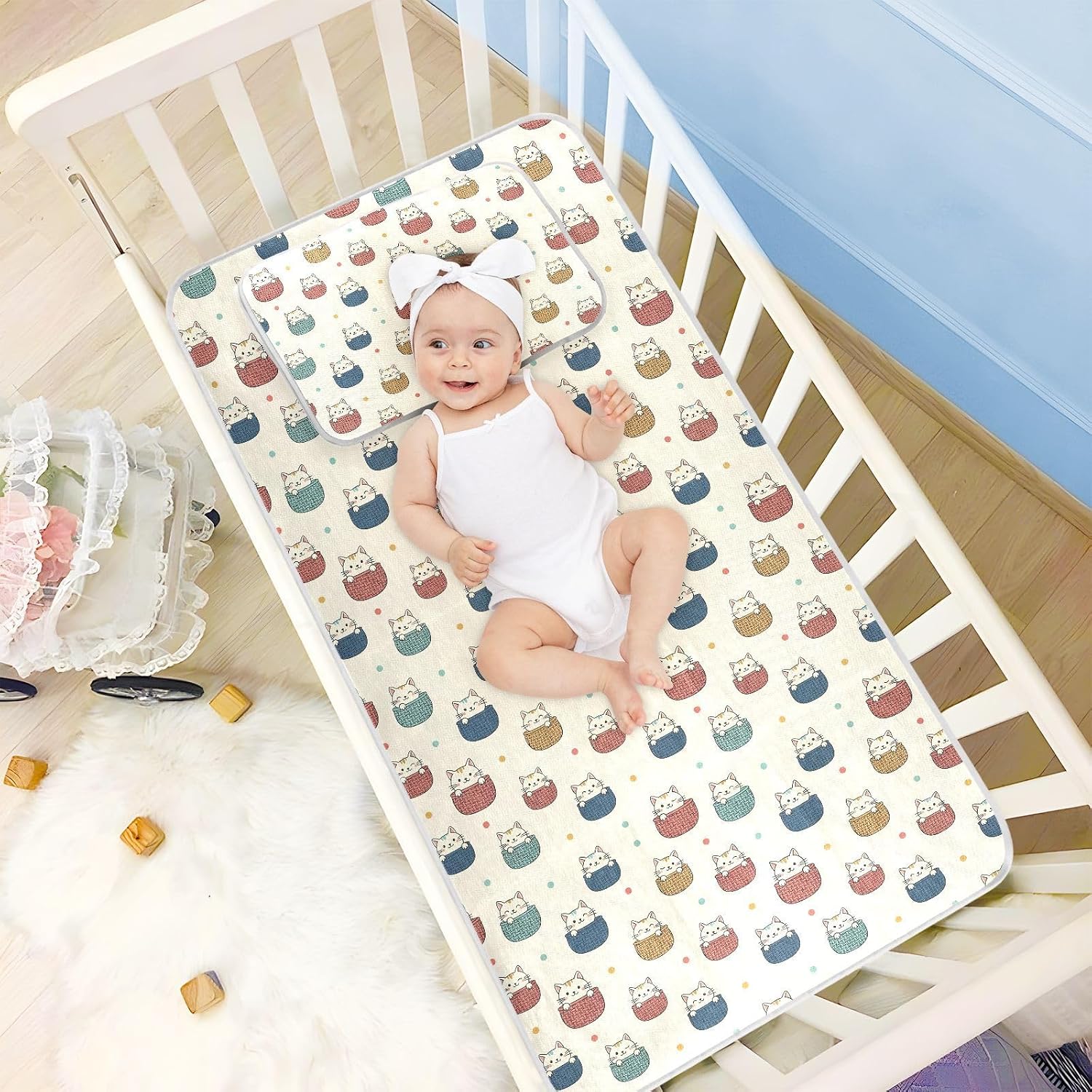 Baby Cooling Mat Cats in Baskets Ice Silk Breathable Mesh Summer Crib Mattress Pad with Pillowcase, Soft Cooling Sleeping Surface for Infant & Toddler, 52"x28"