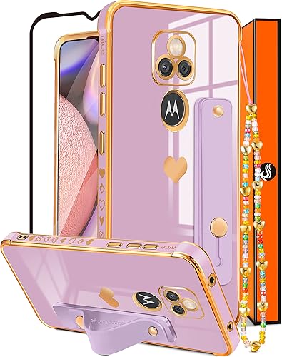Likiyami Funda para teléfono Motorola One 5G Ace (3 en 1) para mujeres y niñas, bonita y lujosa con fundas de soporte, chapado en oro morado,