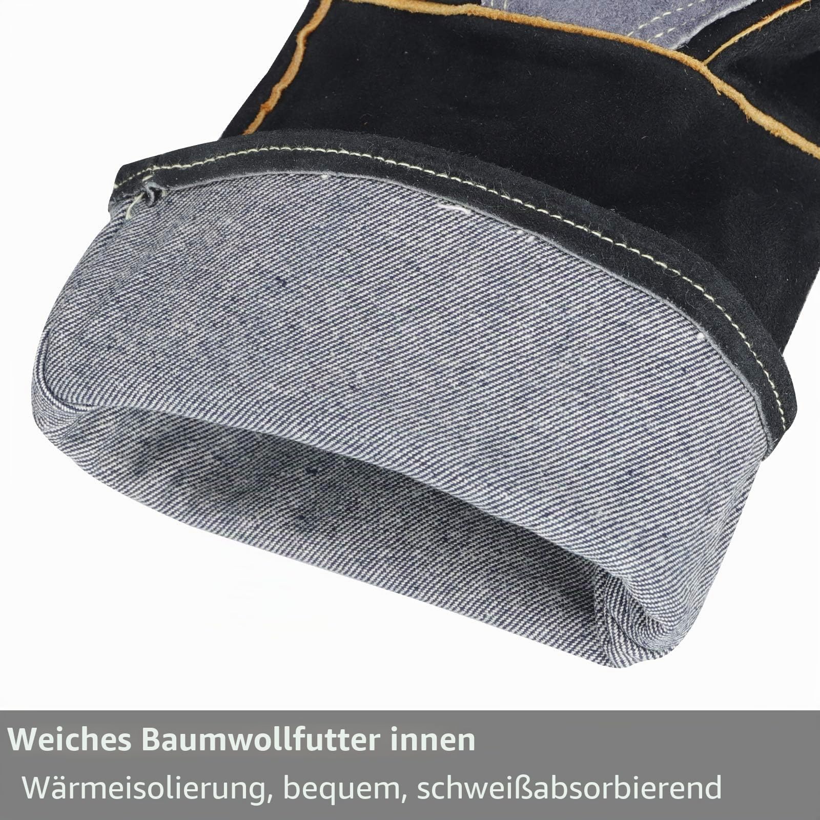 Extrem hitze- und feuerbeständige Handschuhe aus Leder mit Kevlar-Nähten, perfekt für Kamin, Herd, Ofen, Grill, Schweißen, BBQ, MIG, Topflappen, Tierhandhabung, schwarz-grau