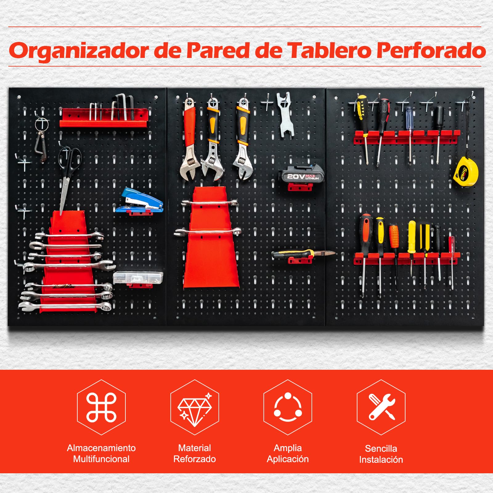 GYMAX Panel Herramientas Pared de Metal, 120 x 60 cm, Soporte Herramientas Pared con 3 Paneles Perforados y 25 Ganchos, Tablero Perforado para Taller, Banco de Trabajo