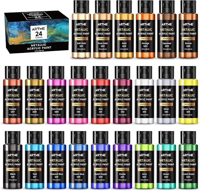 Artme Ensemble de peinture acrylique métallique, 24 Couleurs métalliques en 2 oz/60ml Bouteilles, Peinture acrylique brillant métallique, Peinture de pigments riches Parfait pour les artistes, Débutants sur toile, Roches, Bois, Tissu, Céramique