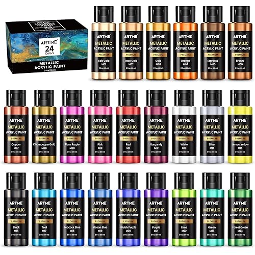 ARTME Metallic Acrylic Paint Set, 24 Metallic Colors in 2 oz/60ml Bottles, Metallic Shining Acrylic Paint, Rich Pigments Paint Perfect for Artists, Beginners on Canvas, Rocks, Wood, Fabric, Ceramic