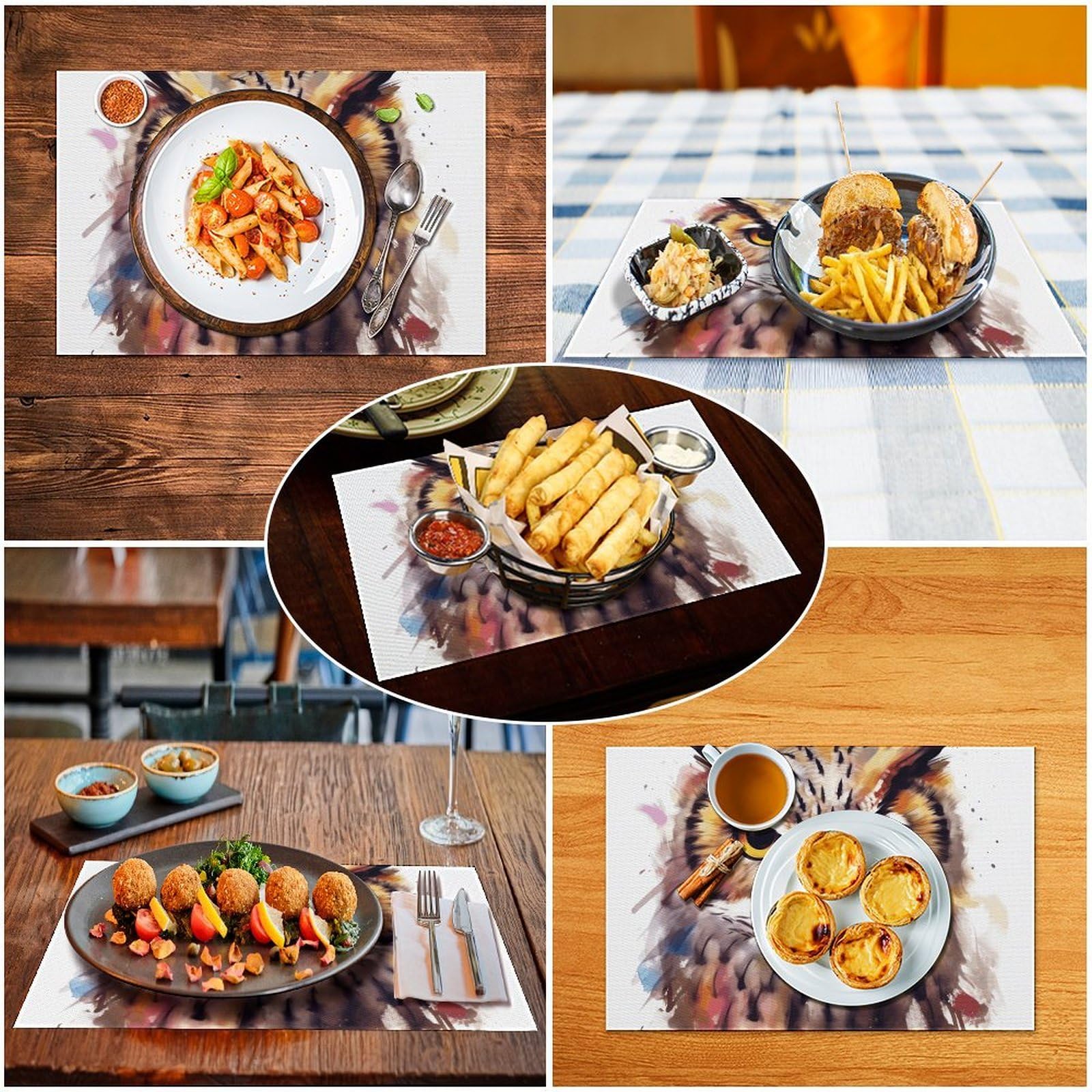 Set di 6 tovagliette all'americana in PVC con testa di gufo, lavabili, resistenti al calore, antiscivolo, impermeabili, per interni ed esterni, tavolo da pranzo, cucina, feste
