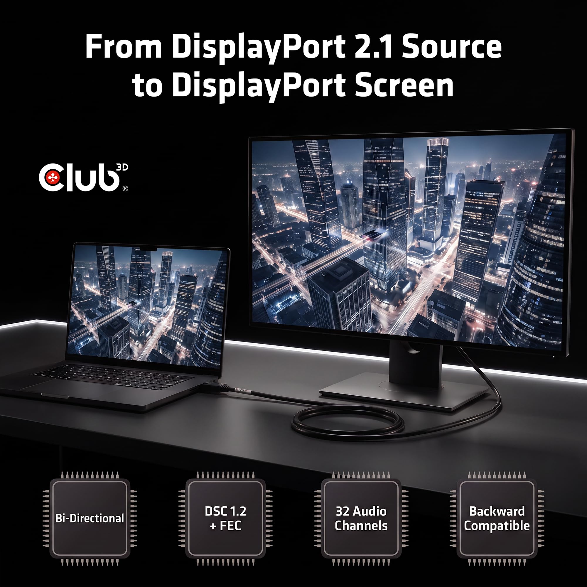 Club3D CAC-1092 DisplayPort™ 2.1 Câble bidirectionnel certifié VESA DP80 4K240Hz, 8K60Hz ou 10K60Hz M/M 1.6m