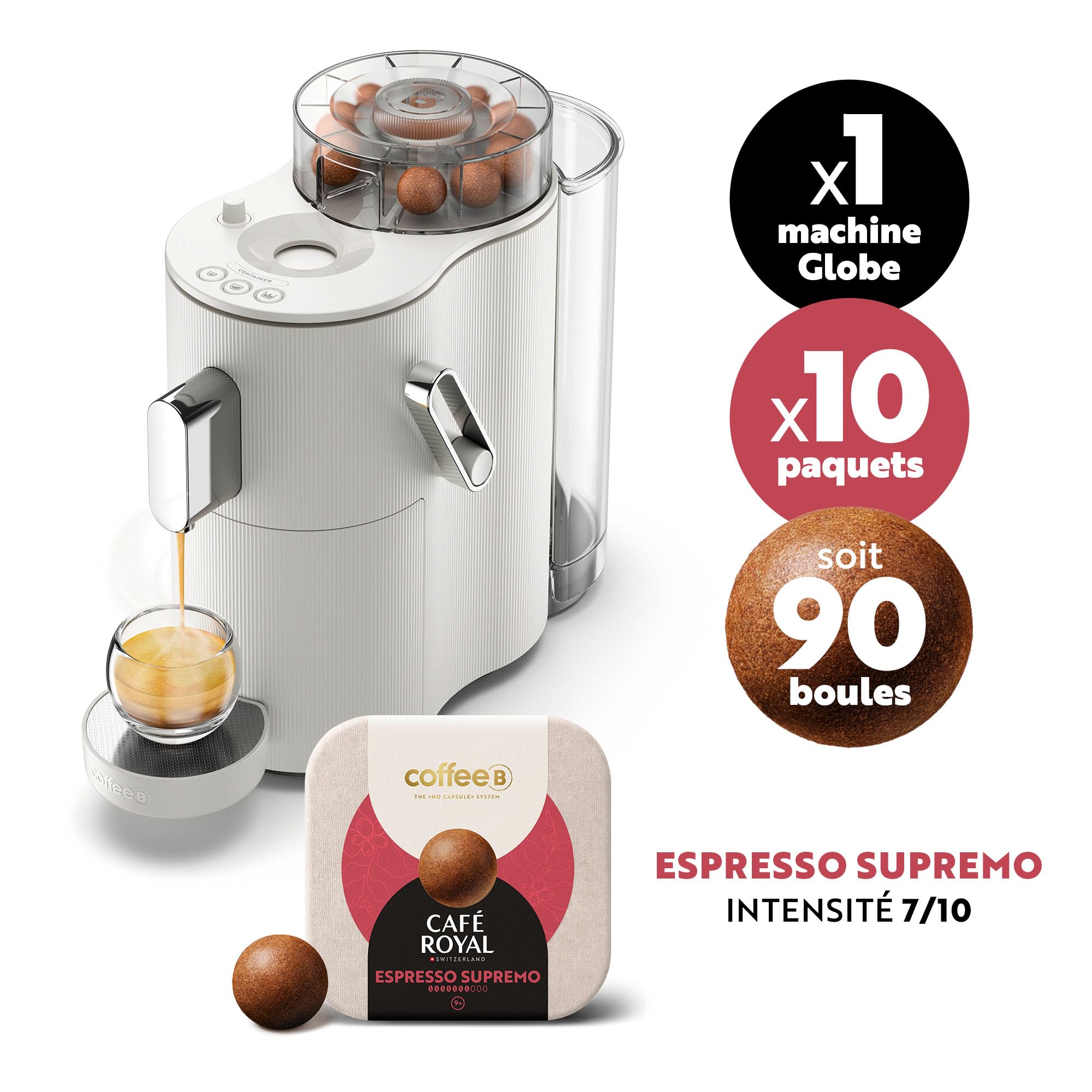 CAFE ROYAL SWITZERLAND PROFESSIONAL Machine à Café CoffeeB Globe Blanc 1.3L avec 90 Coffee Balls Espresso Supremo - 100% Compostables