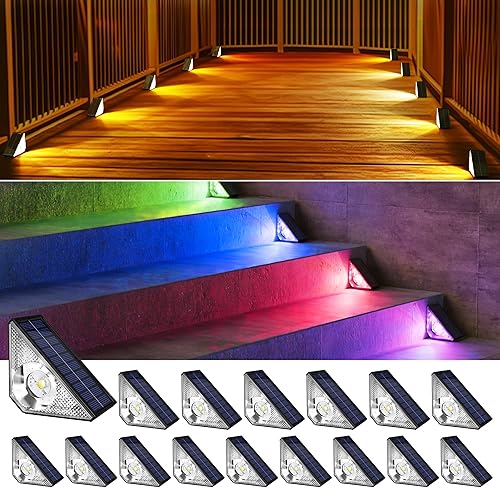 JACKYLED Paquete de 16 luces solares para escalones – Encendido/apagado automático, cálido y RGB que cambia de color, luces de decoración