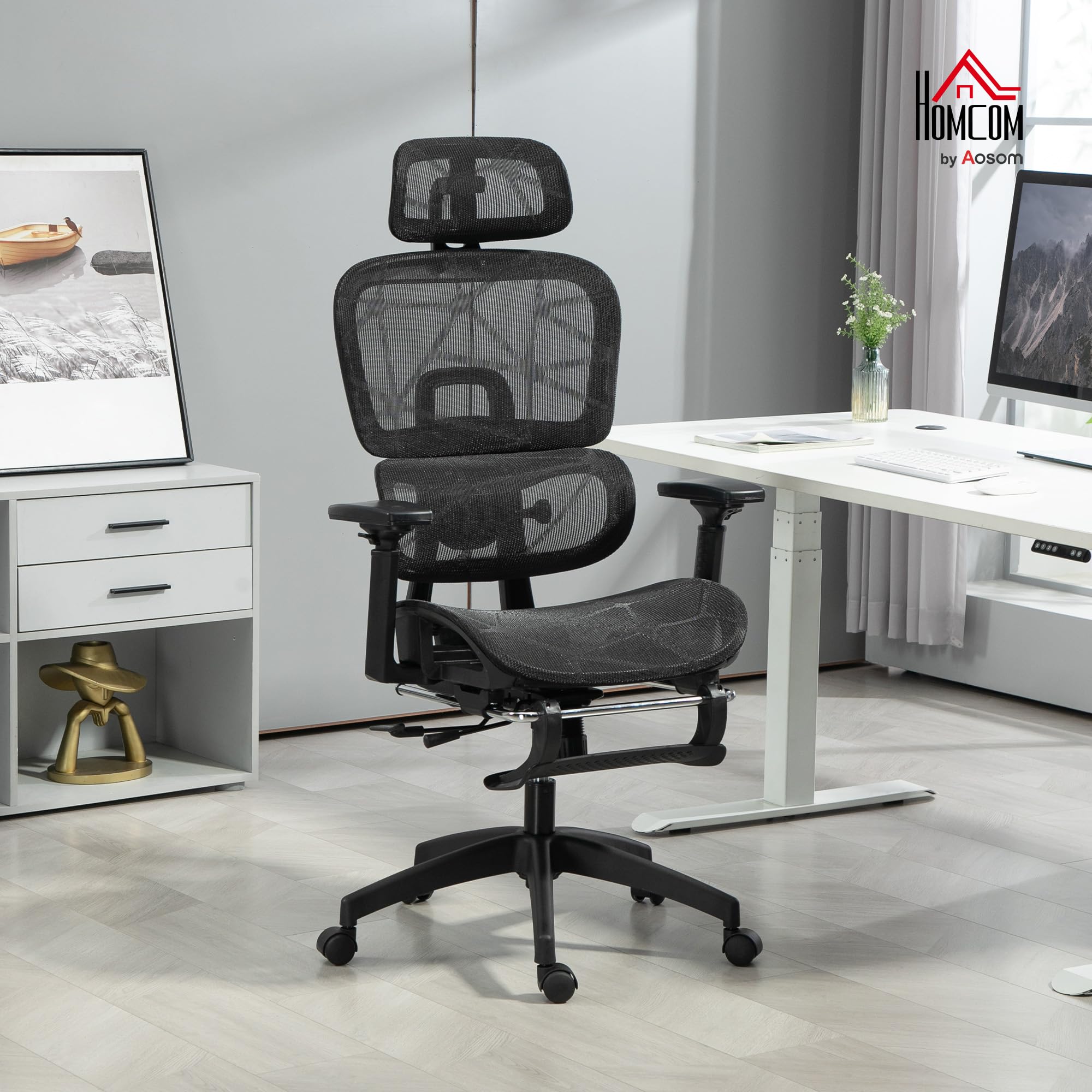 HOMCOM Chaise de Bureau Ergonomique en Maille Accoudoirs 3D Noir