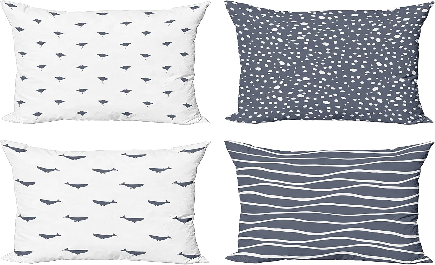 Ambesonne Minimal Throw Pillow Cushion Case Pack of 4, Thornback and Whale Silhouettes Splatter Dots Waves Modern Pattern, Modern Accent Double-Sided Printing, 20" x 12", Dark Blue Grey and White