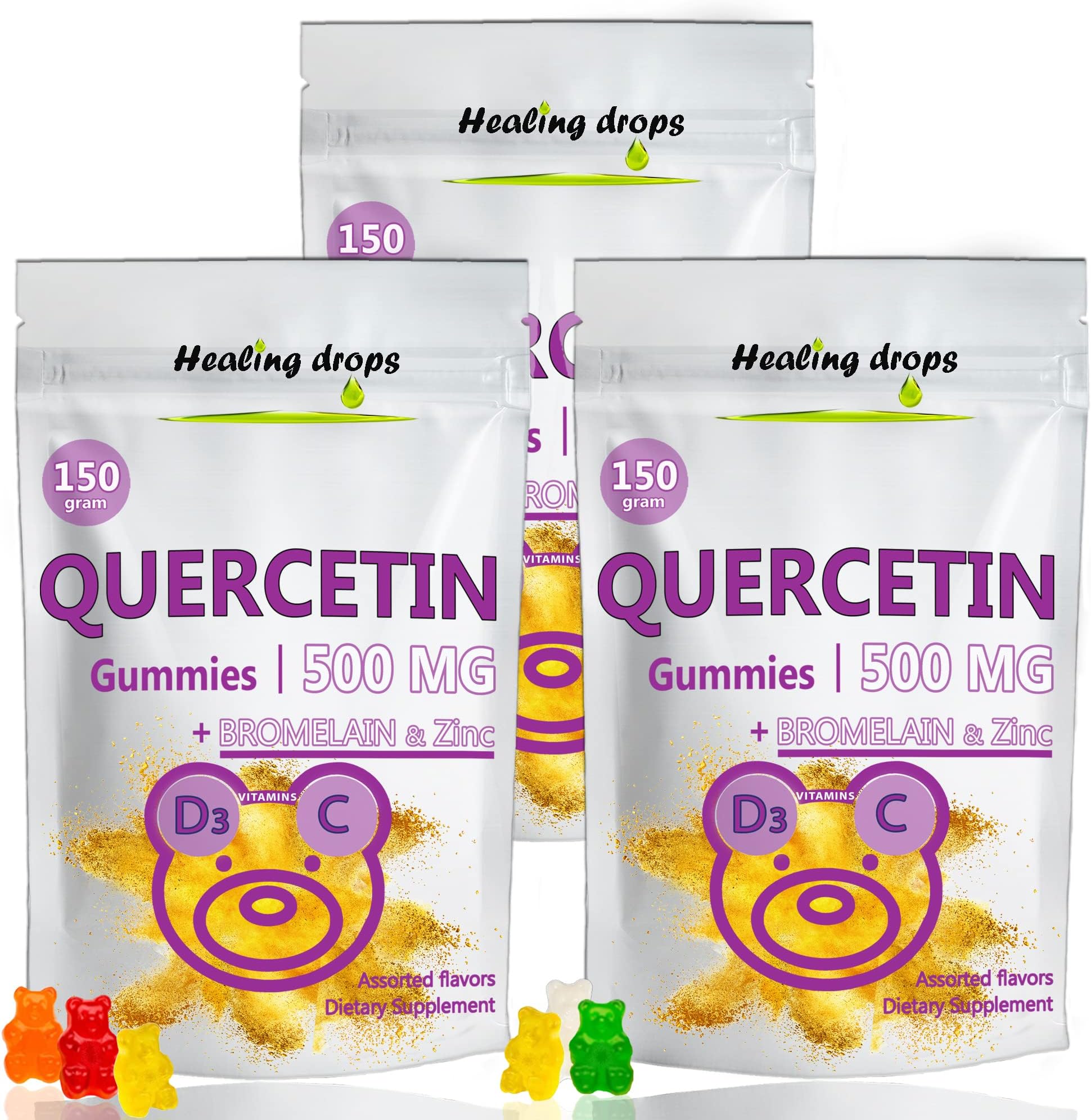 HEALING DROPS Quercetin with Bromelain Gummies - Vitamin C + Zinc + Vitamin D3 - Quercetin 500mg Gummies for Kids and Adults (3 Packs)