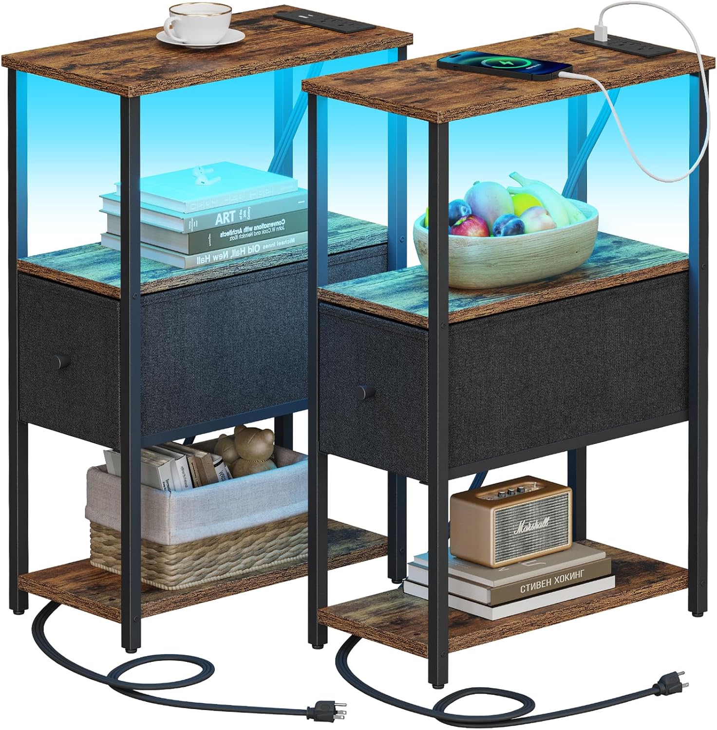 TUTOTAK Small Narrow LED End Table with Charging Station, Side Table Outlets, Nightstand with Cloth Drawer, Set of 2, Couch Table, for Living Room, Bedroom, Bedside, Brown and Black TB01BB059K