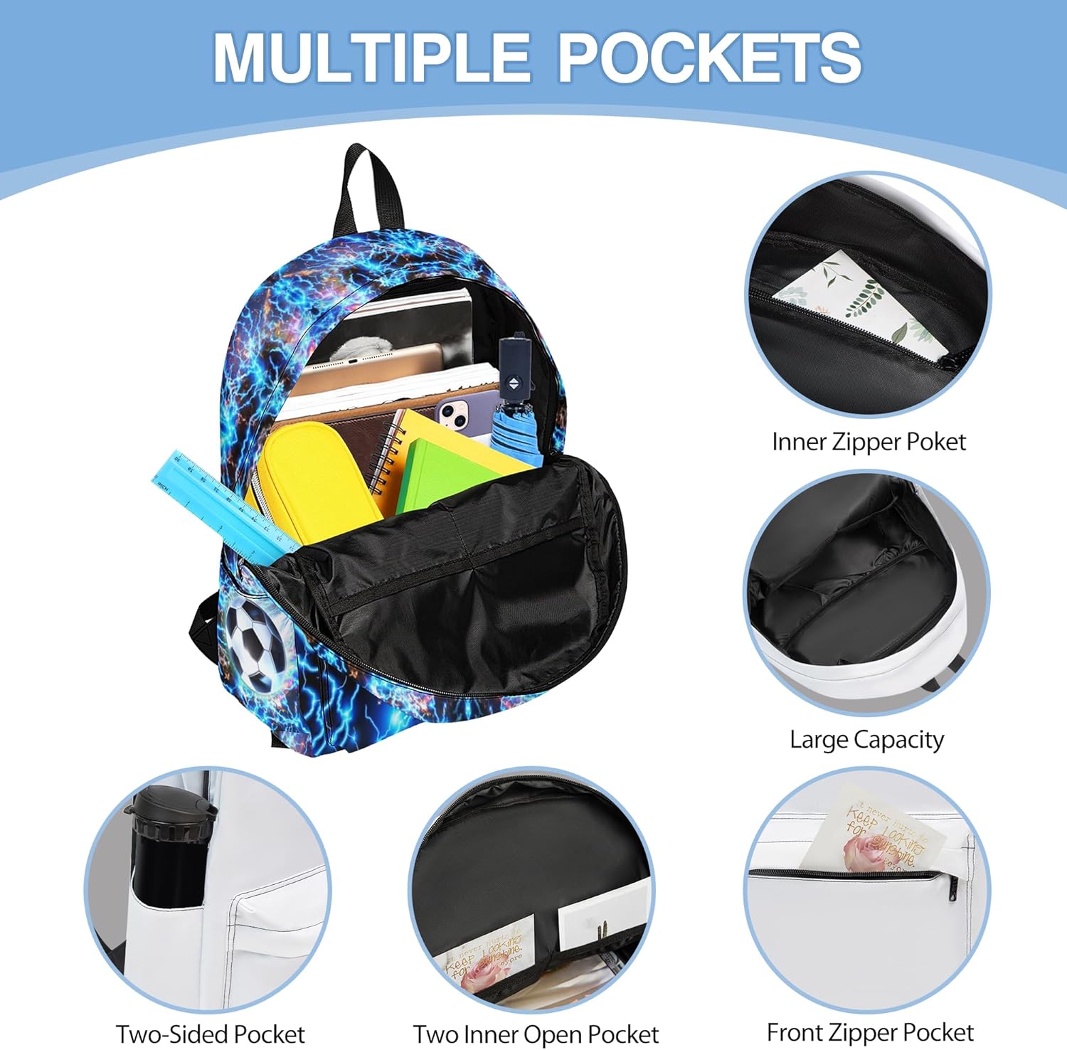 3PCS Backpack for Boys Girls, Kids Backpack Sets with Lunch Bag Pencil Case, Large Capacity 17 Inch Bookpack 3 in 1 Set for Teens Elementary Middle High School Students (Soccer)