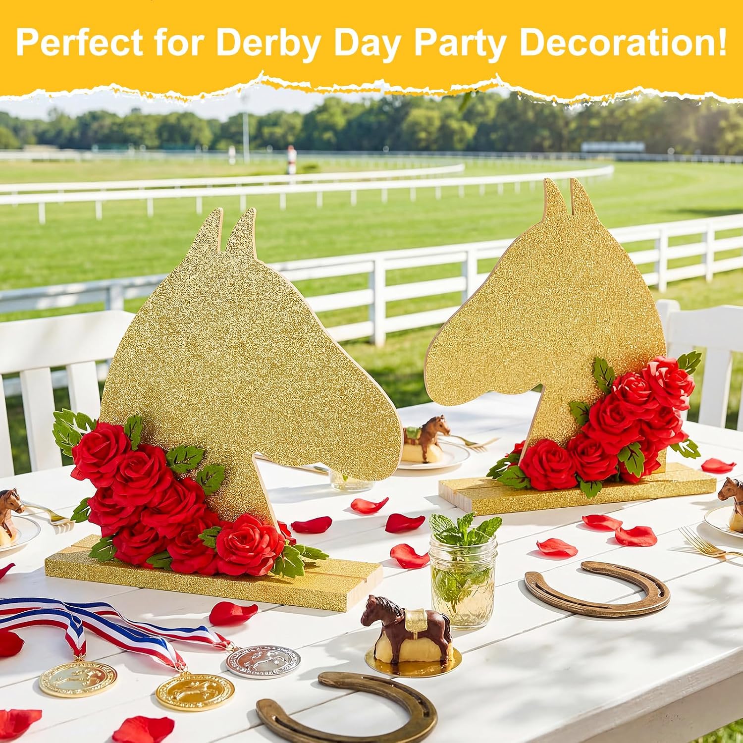 Qunclay 2 Pcs Derby Day Table Decoration Wooden Horse Tabletop Centerpiece with Red Roses Horse Racing Party Decoration for Derby Day Supplies (Gold)