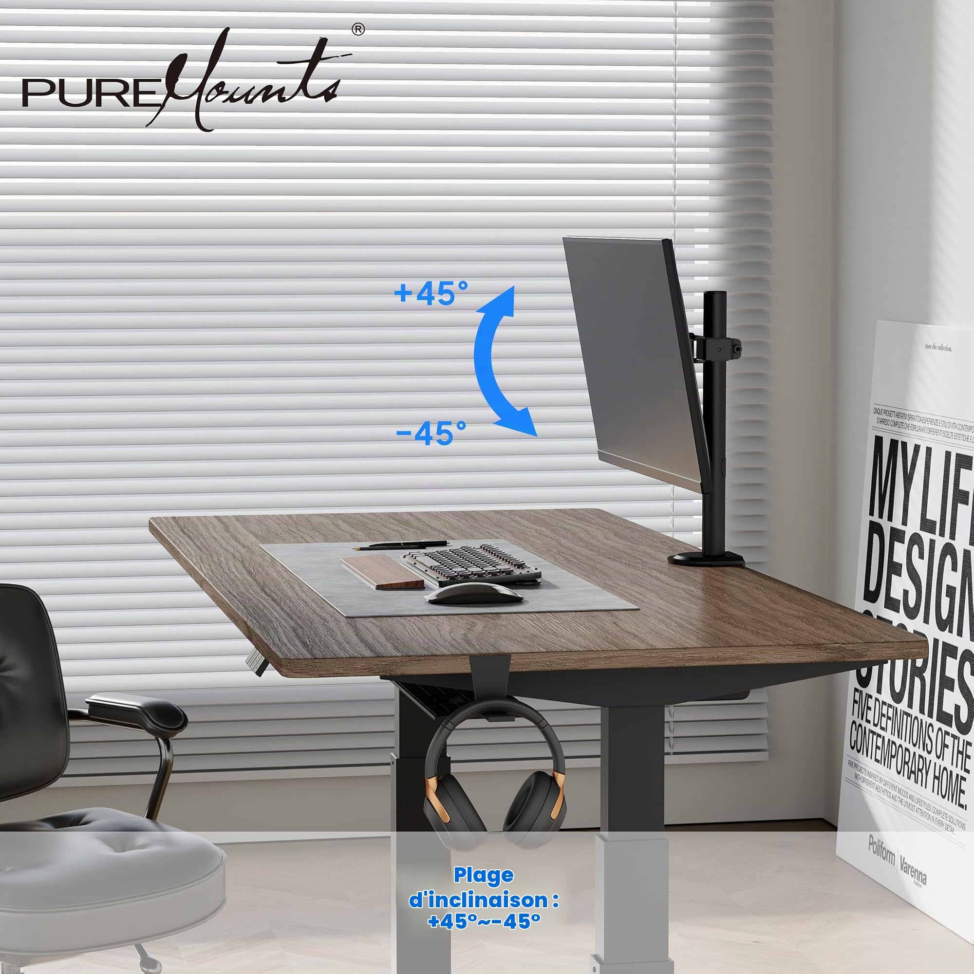 PureMounts Support de Moniteur, Support de Moniteur pour 1 écran, 17 à 32 Pouces, réglable en Hauteur, inclinable, pivotant, VESA 75 et 100, Support de Bureau, Support d'écran, Noir