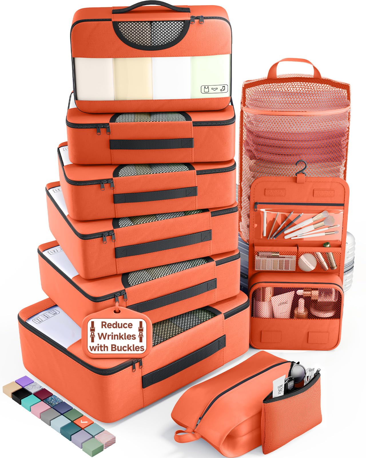 Veken 10 Set Packing Cubes for Travel Essentials,Anti-Wrinkle Buckled Suitcase Organizer for Shoe &amp; Toiletry Bag,Carry On Luggage Bag with 99+ Count Mesh Holes for Airplane &amp; College Dorm Accessories