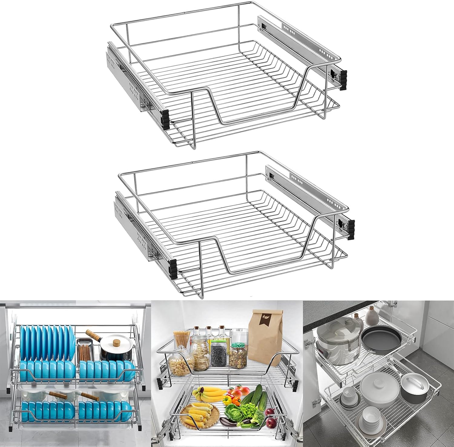 LARS360 500mm Pull Out Wire Storage Basket Drawer Silver Telescopic
