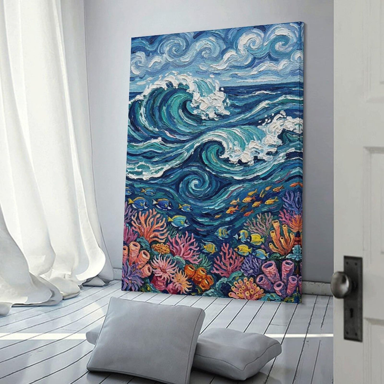 Junmoney Ocean Wave And Coral Reef Painting Hanging Wall Art 20x30inch(50x75cm), for Front Hall, Corridor Or Welcome Spaces, Wall Decor to Refresh Empty Corners