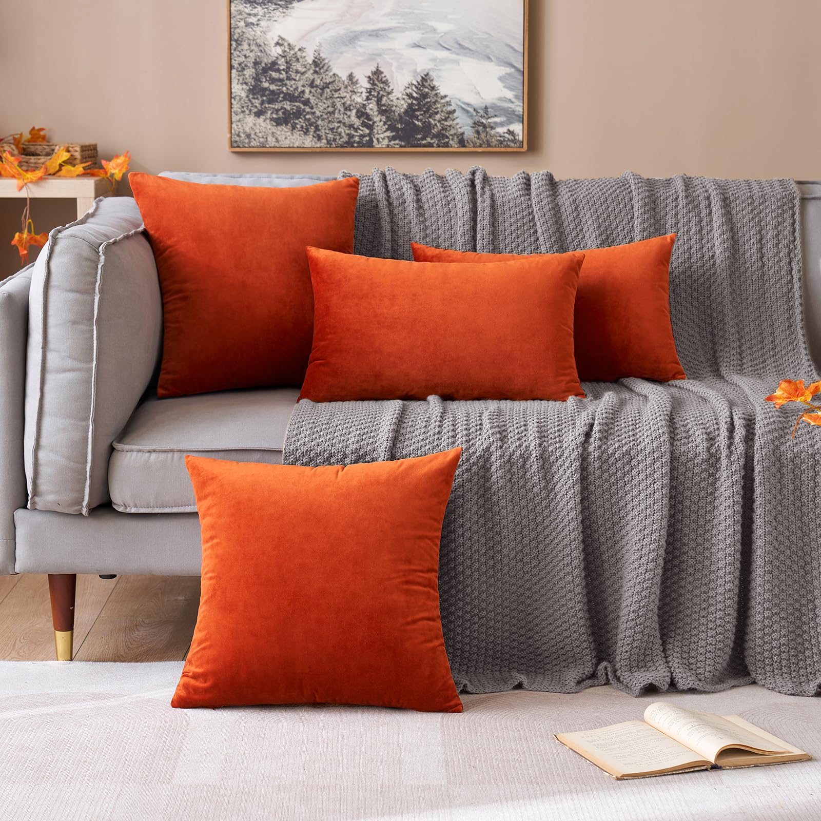 MIULEE Fall Pack of 2 Burnt Orange Velvet Throw Pillow Covers 24x24 Inch Soft Solid Decorative Square Set Cushion Case for Couch Sofa Bedroom
