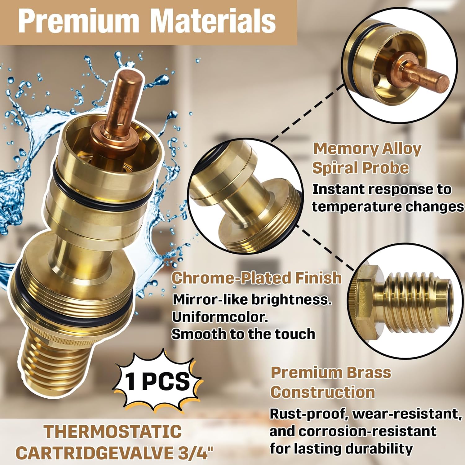 47582000 Thermostatic Shower Cartridge Compatible with Grohe Thermo-Element, 3/4" Brass Valve Replacement for GrohTemp 34902, Grotherm 34908, 34124, Precise Temperature Control