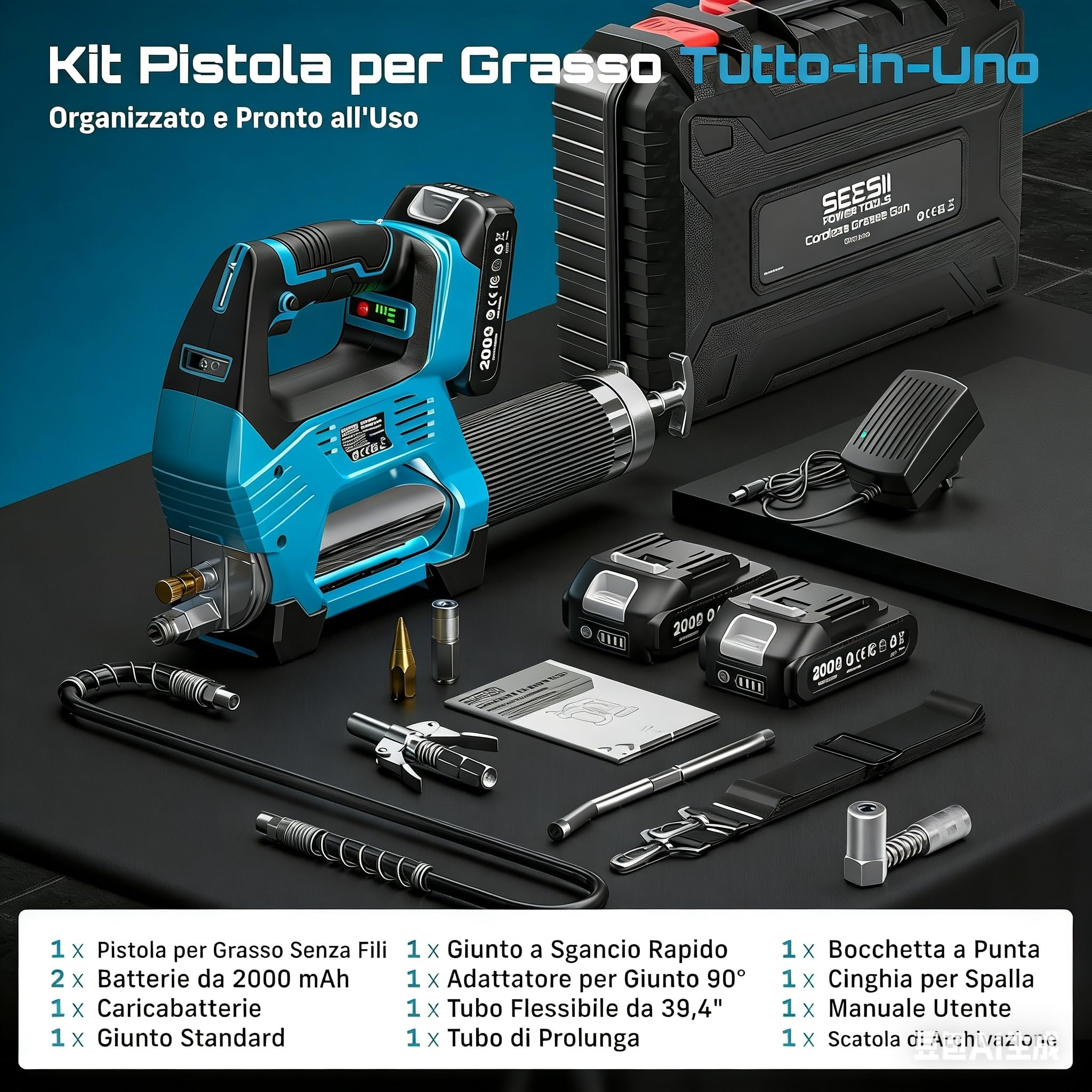 Seesii 12.000PSI Pompe a Graisse Electrique avec 2 Batteries (et Compatible avec la Batterie Makita 18 V), 3 Vitesses, Moteur Brushless, 3 Embout, Tuyau de 1m, Raccord à 90°, pour Équipements Lourds