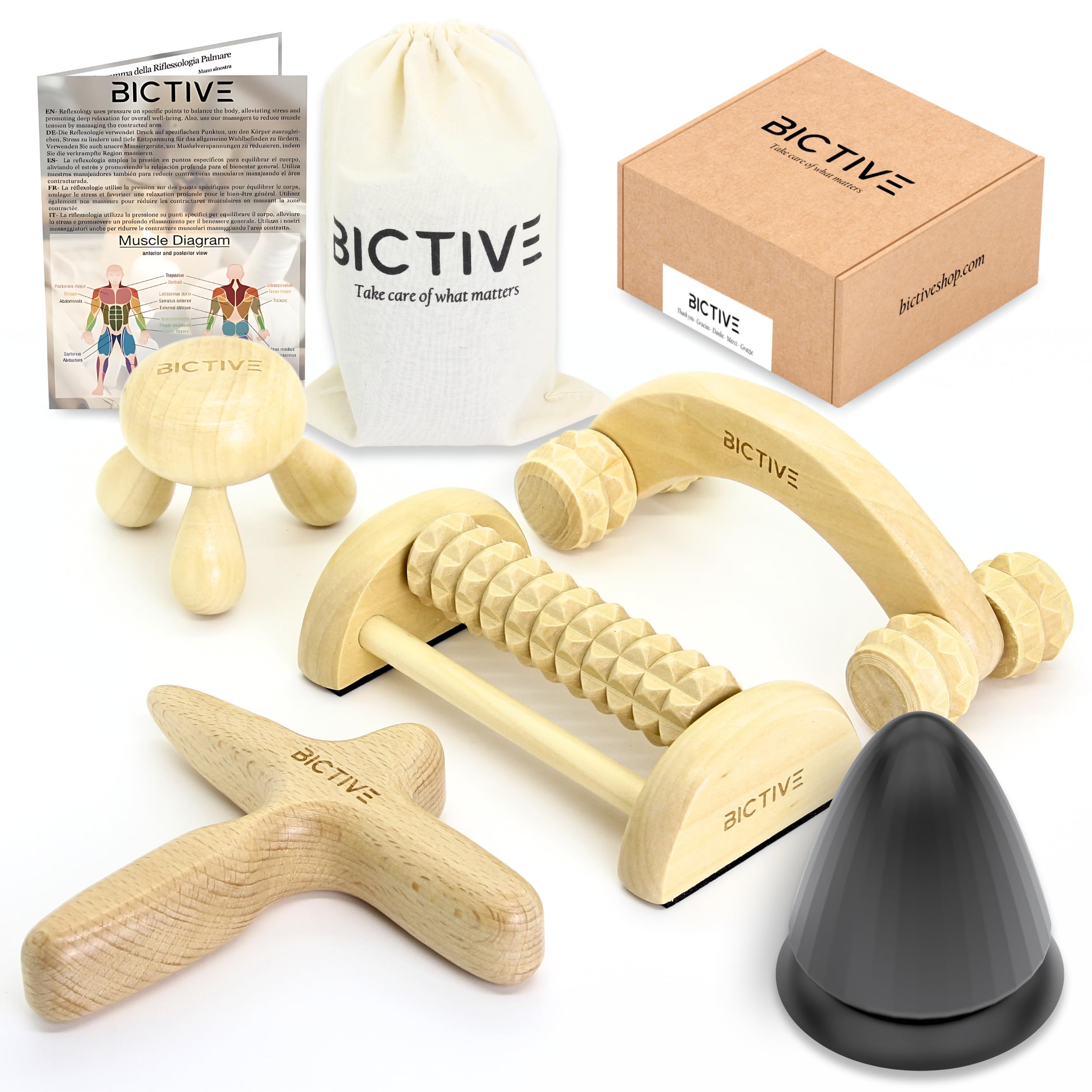 BICTIVE Kit de Masaje Corporal 5 en 1, Masajeador Madera, ReflexologÃa Podal, Rodillo Fascitis Plantar, Masaje Pies, Celulitis, Masajeador Manual, Masajeador de Pies y Piernas Rodillo Masaje Muscular