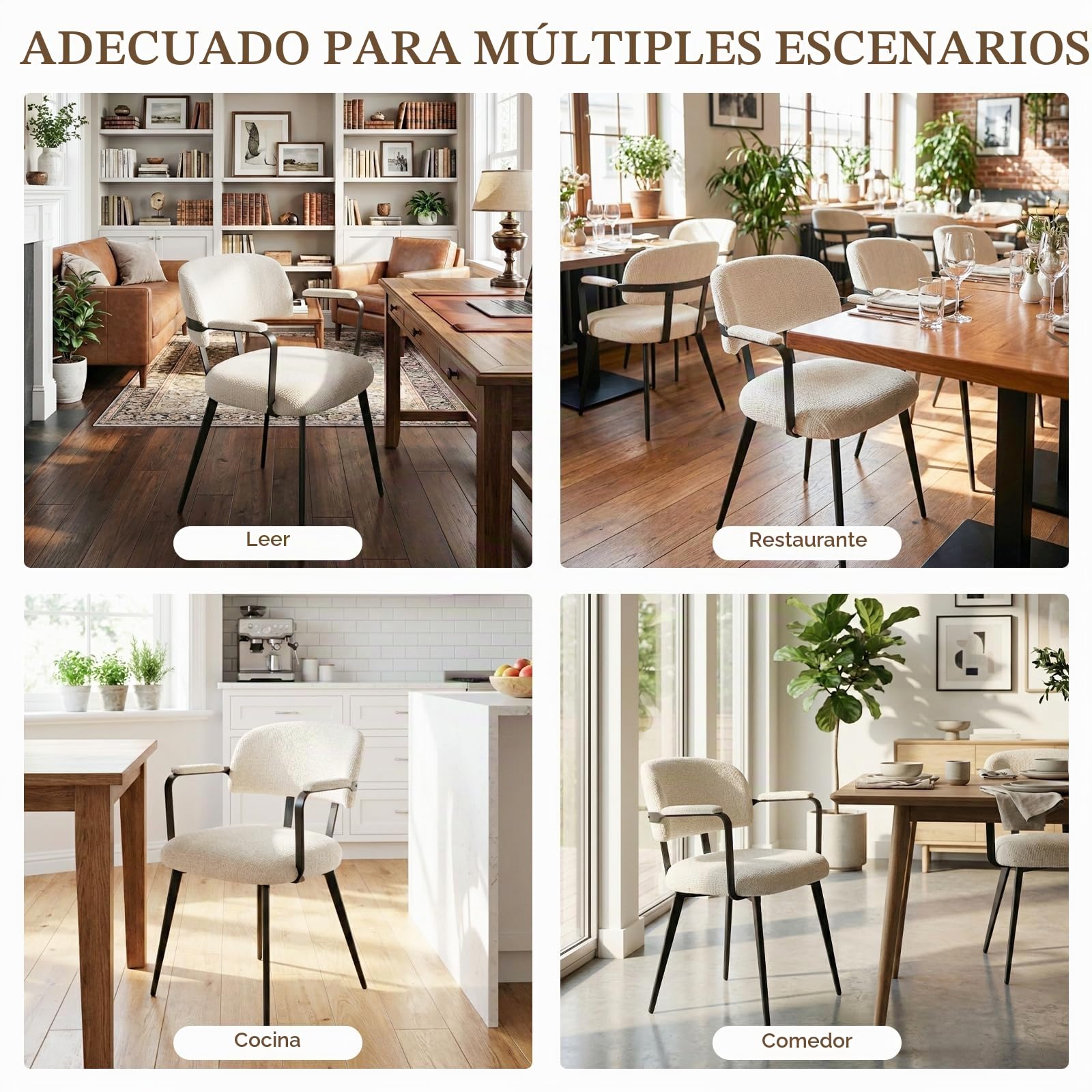 Sillas de Comedor Pack 2, Sillas Cocina con o sin Reposabrazos, Silla Nordica con Tapicería de Chenilla, Cojines Duros y Patas de Metal (Beige, con reposabrazos)