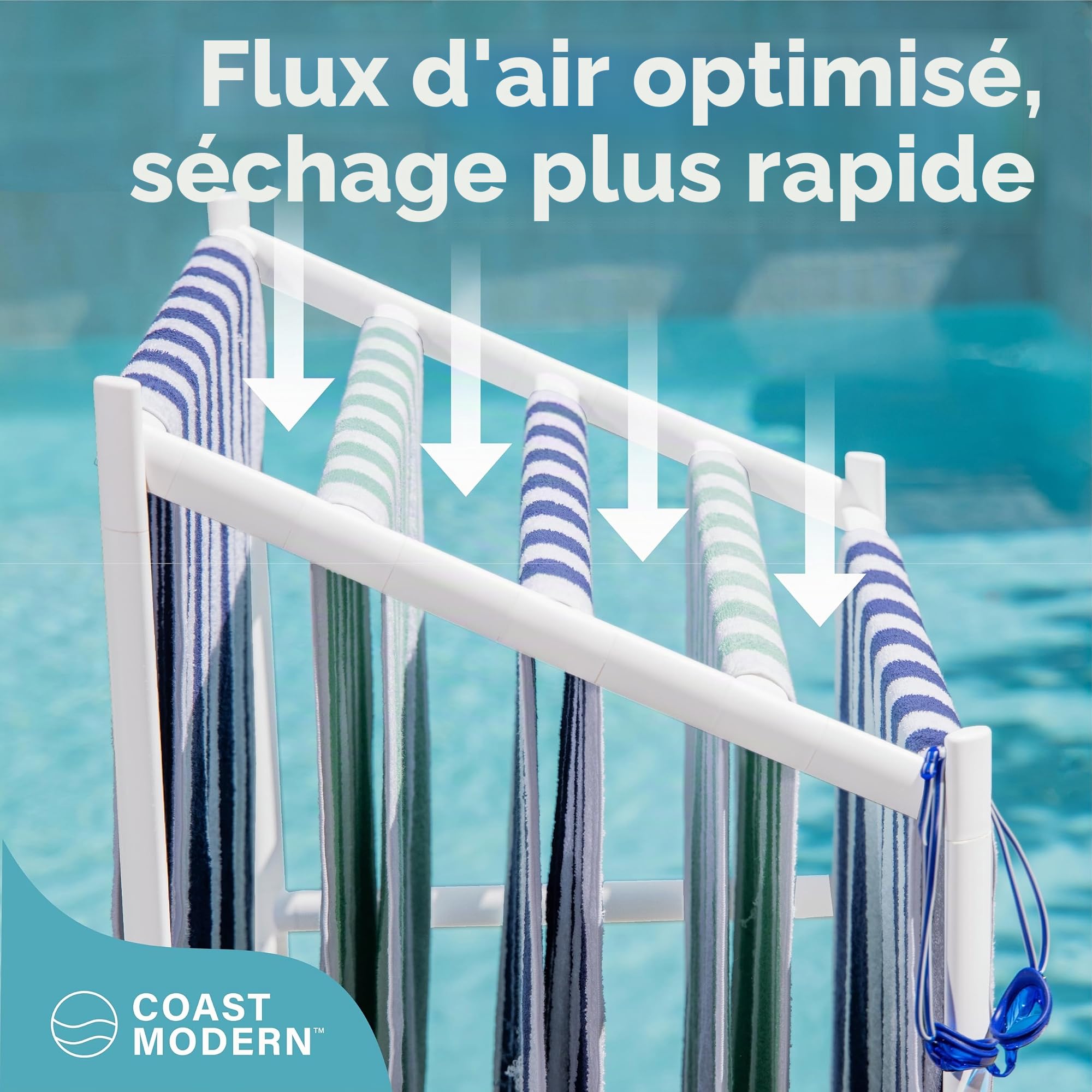 GoSports Coast Séchoir à Serviettes de Plage en PVC pour Piscine et Jacuzzi - Extérieur et intérieur - Design Moderne à 5 Niveaux - Caoutchouc PVC - Blanc