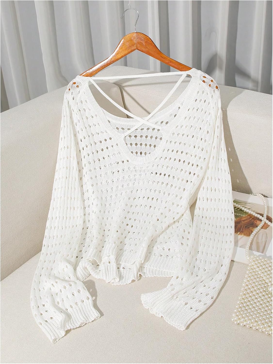 SweatyRocks Women's Crochet Sweaters Hollow Out Knitted Sheer Lightweight Scoop Neck Pullover - Image 2