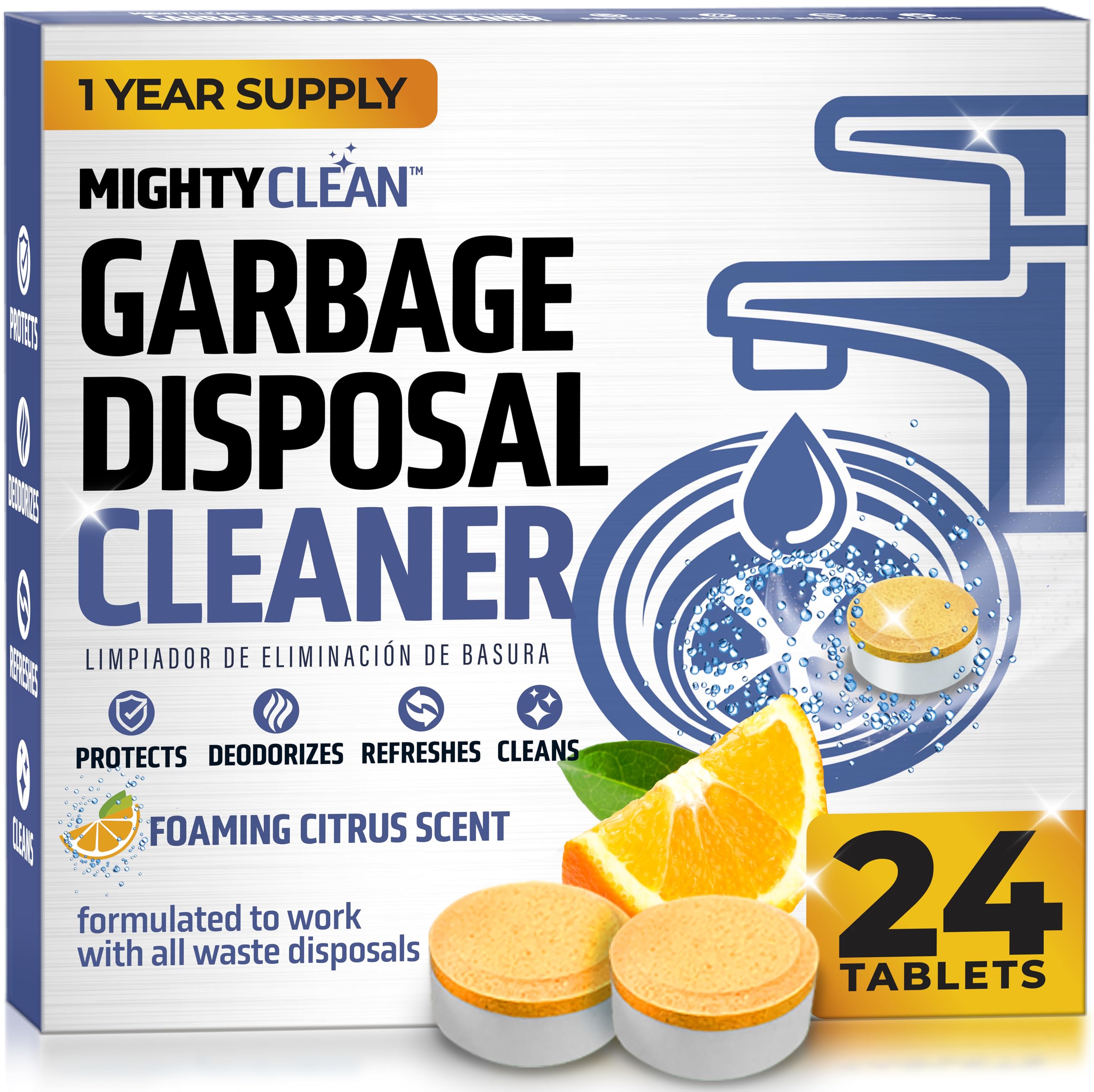 Garbage Disposal Cleaner And Deodorizer Tablets 24 Pack - 1 Year Supply Kitchen Sink Cleaner And Deodorizer, Septic Safe Foaming clean, Lemon Scent, Removes Odor-Causing Residues