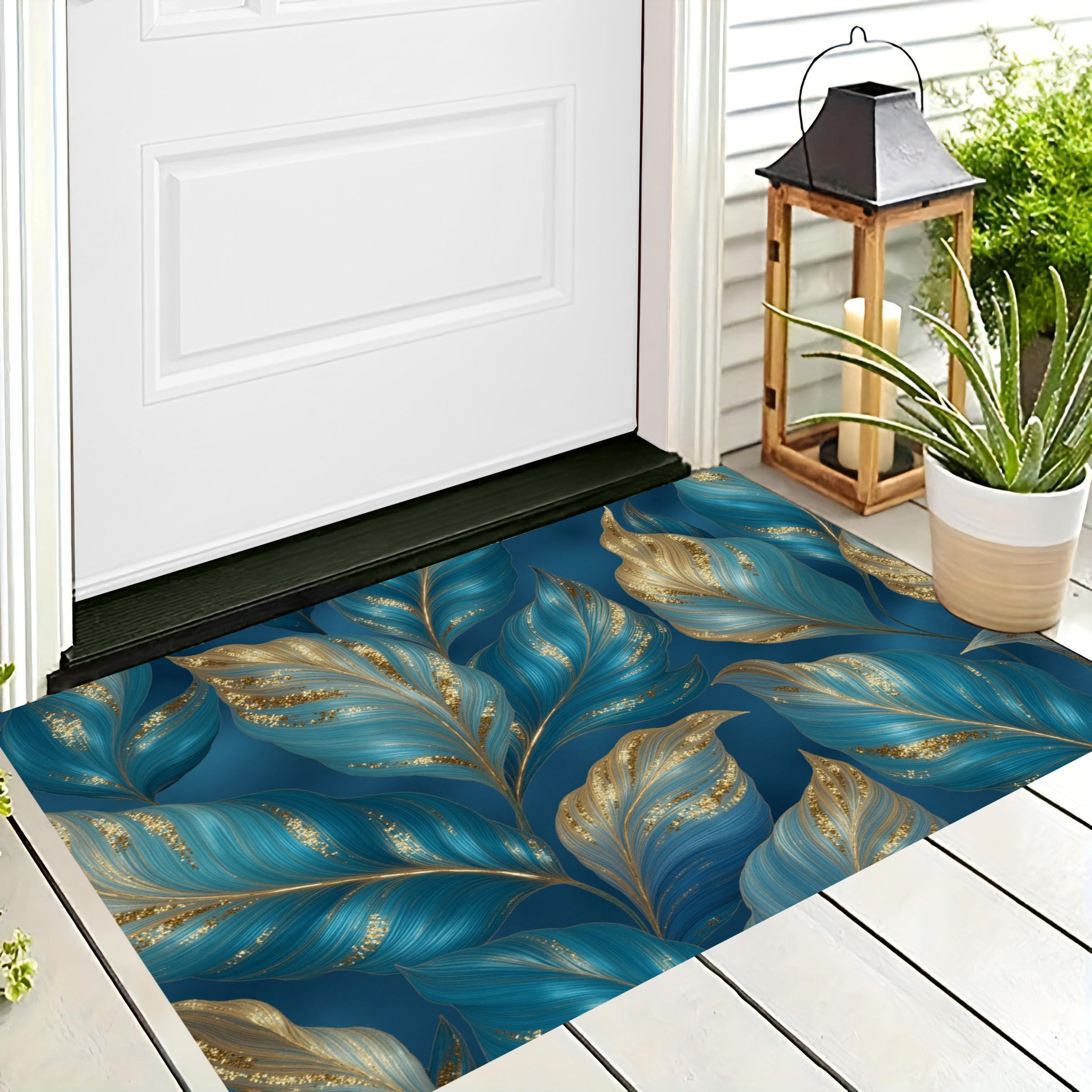 Paillasson lavable pour salon chambre cuisine turquoise feuille d'or
