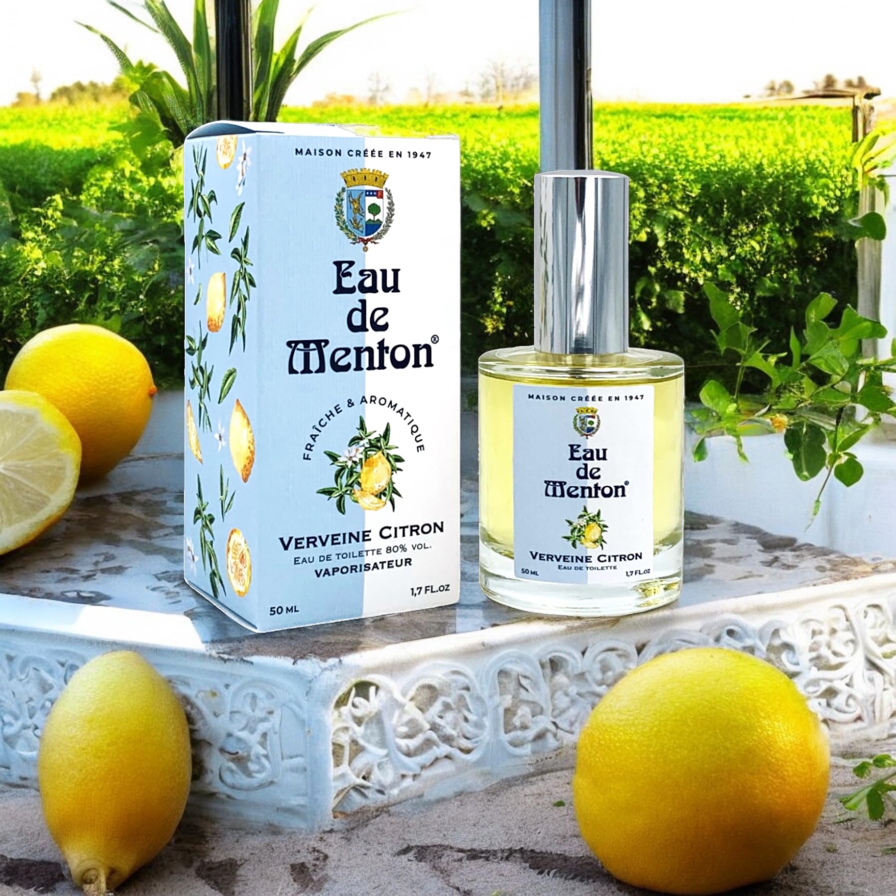 Eau de Menton Verbena-Lemon - Agua de colonia aromática cítrica - Fragancia unisex fresca y natural - Notas de hierbas y cítricos - Perfume artesanal francés - 50.3 ml (50 ml)