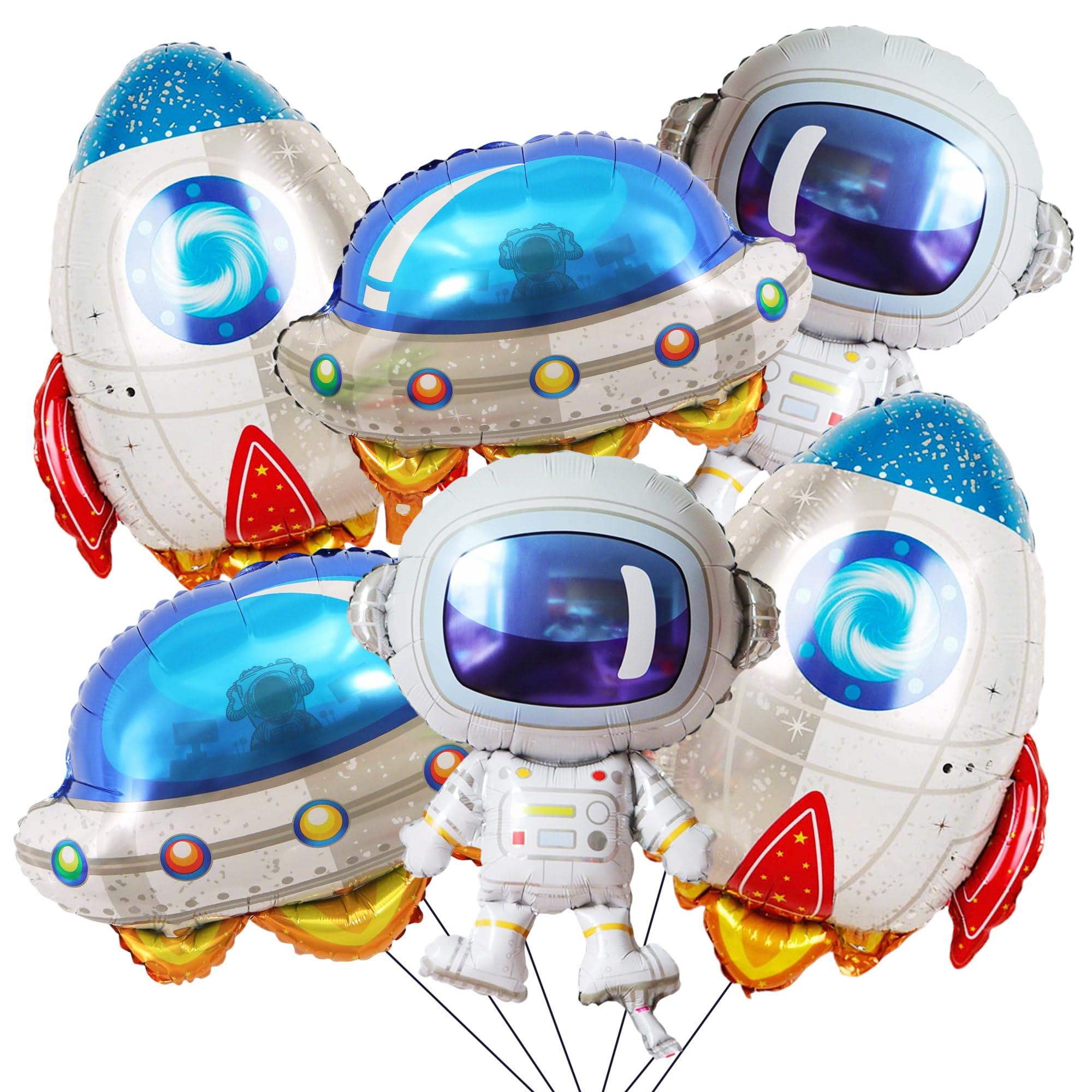 Photo 1 of 6 PCS Space Balloons Set, Astronaut UFO Rocket Foil Balloons, Cute Space Themed Party Decor with Ribbon, Straw & Dot Glue, For Boys Birthday, Baby Shower, Photo Props