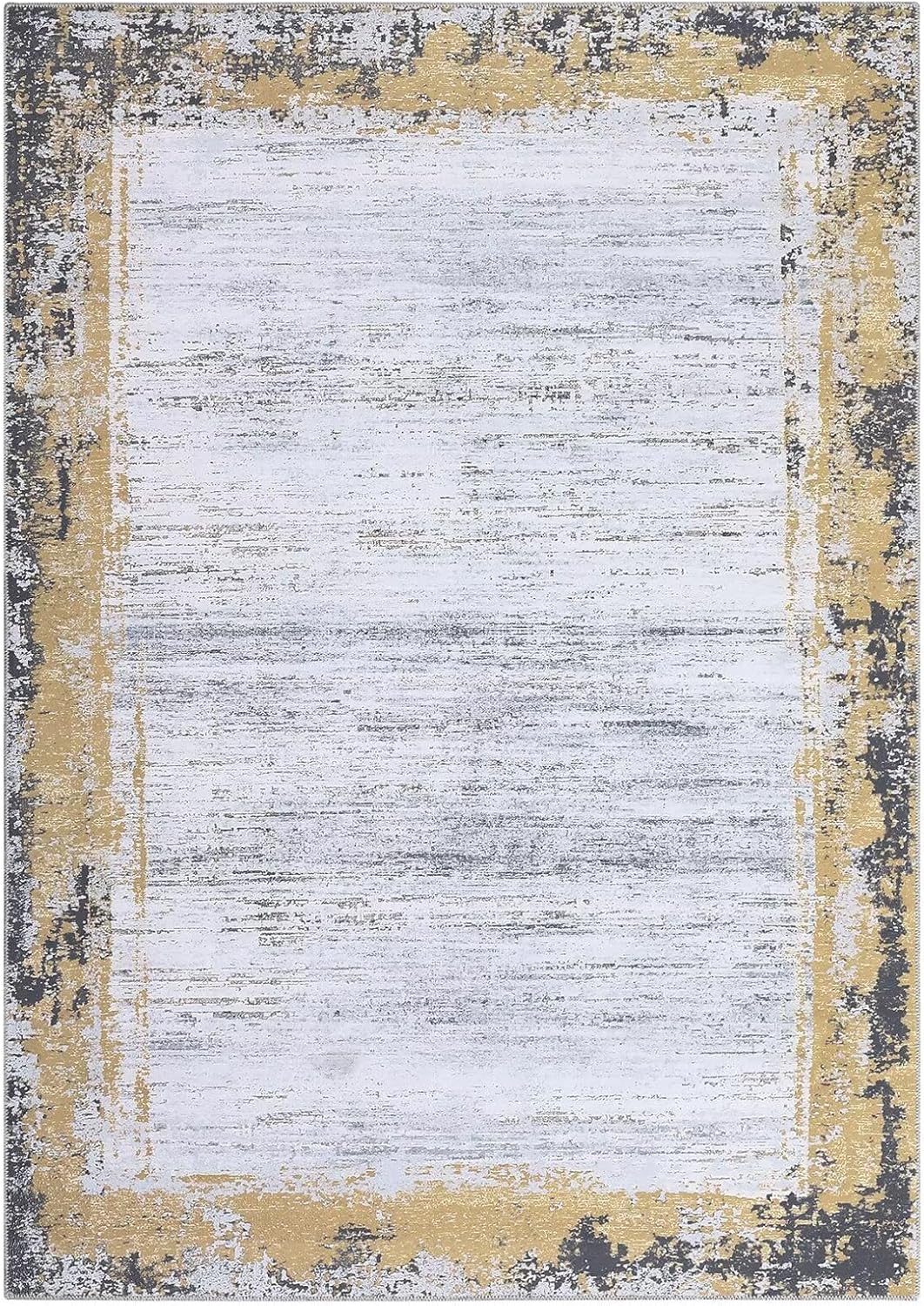 WESTLOOM Bordered Modern 8x10 Rug Machine Washable Area Rug Non-Slip Low Pile Indoor Carpet Non-Shedding Living Room Rug Contemporary Distressed Throw Carpet Large Accent Rug Foldable Thin Rug Yellow