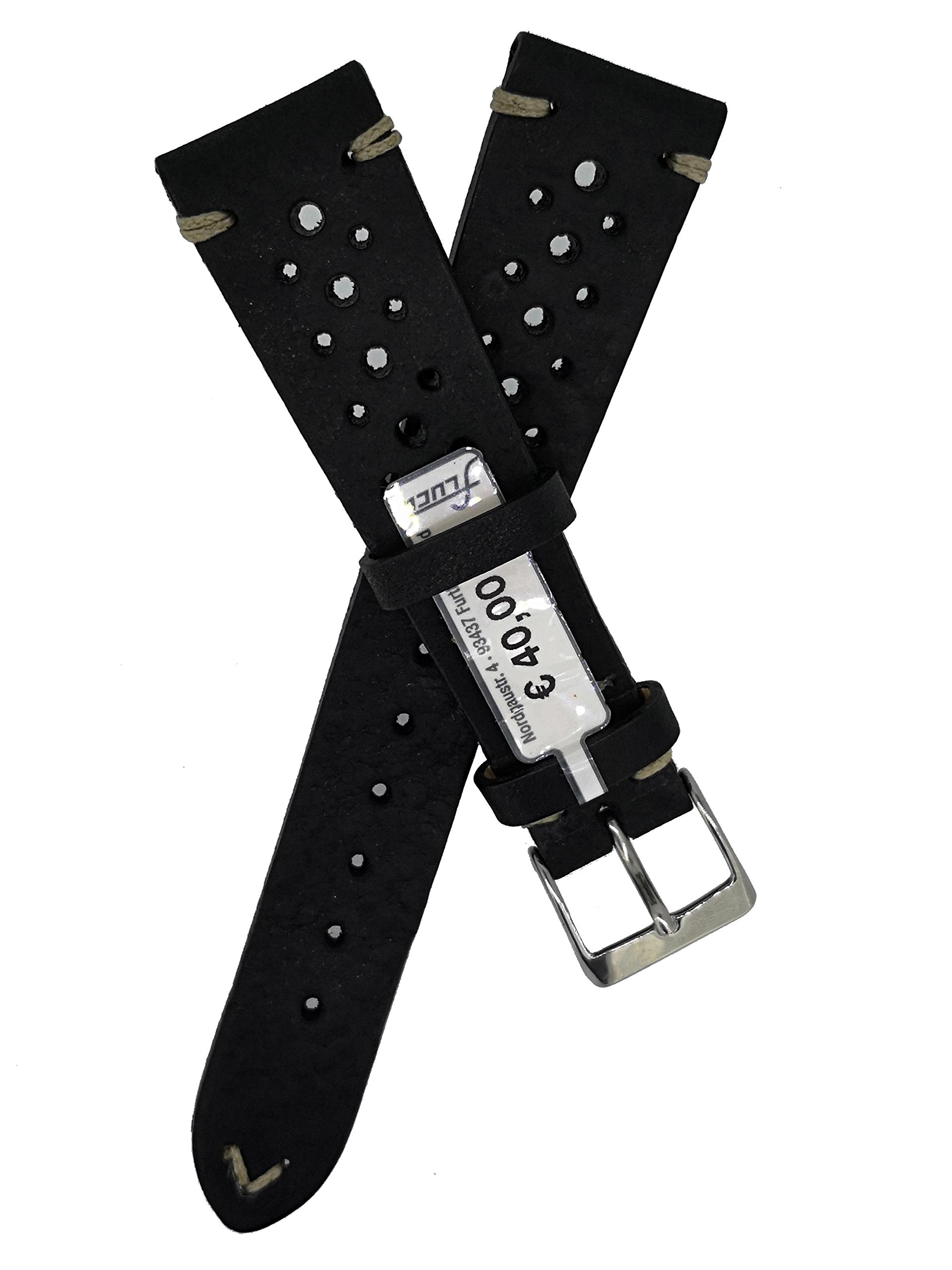 Fluco Hunter Racing Rally 20 mm czarny skórzany męski pasek do zegarka Made in Germany