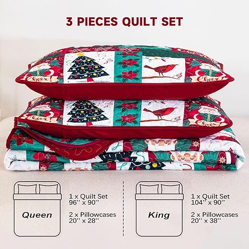 Miniatura 4 de Anibedding Juego de edredón de Navidad tamaño Queen, colcha reversible de 3 piezas con estampado de copos de nieve y renos de Papá Noel con 2 fundas