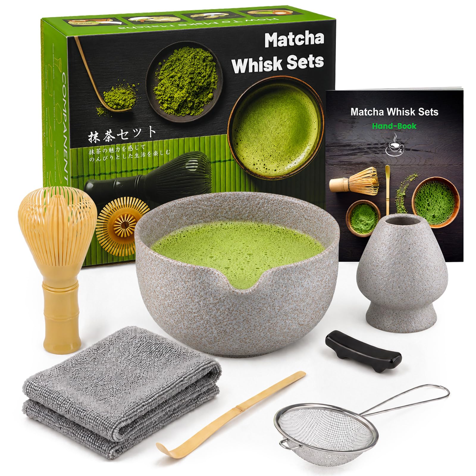 7 Piece Matcha Set, Yellow Resin Matcha Whisk, Macha Tea Set with Matcha Spoon, Whisk Holder, Matcha Broom, Shovel, Strainer, Matcha Accessories Japanese Tea Ceremony, Grey White
