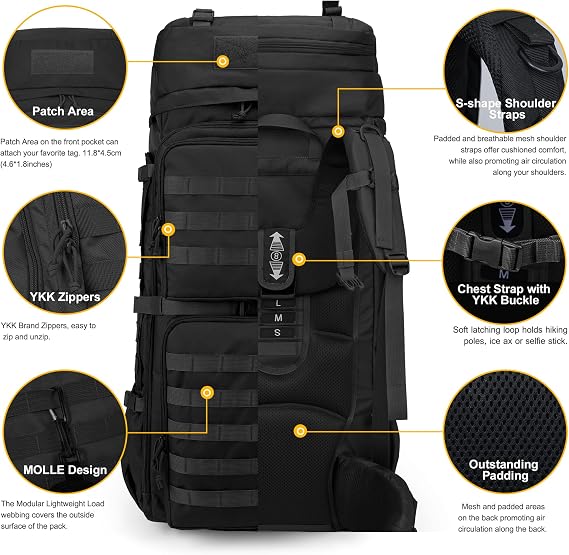 Mardingtop 75L Backpack Tactical Backpack Hiking Backpack Trekking Backpack YKK Zipper Large Capacity