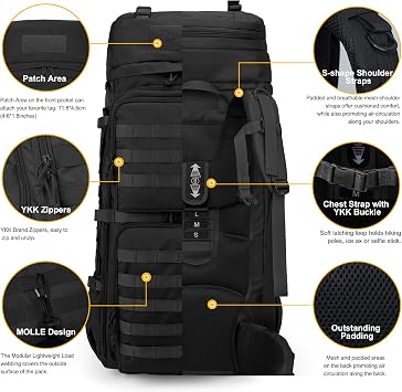 Mardingtop 75L Backpack Tactical Backpack Hiking Backpack Trekking Backpack YKK Zipper Large Capacity