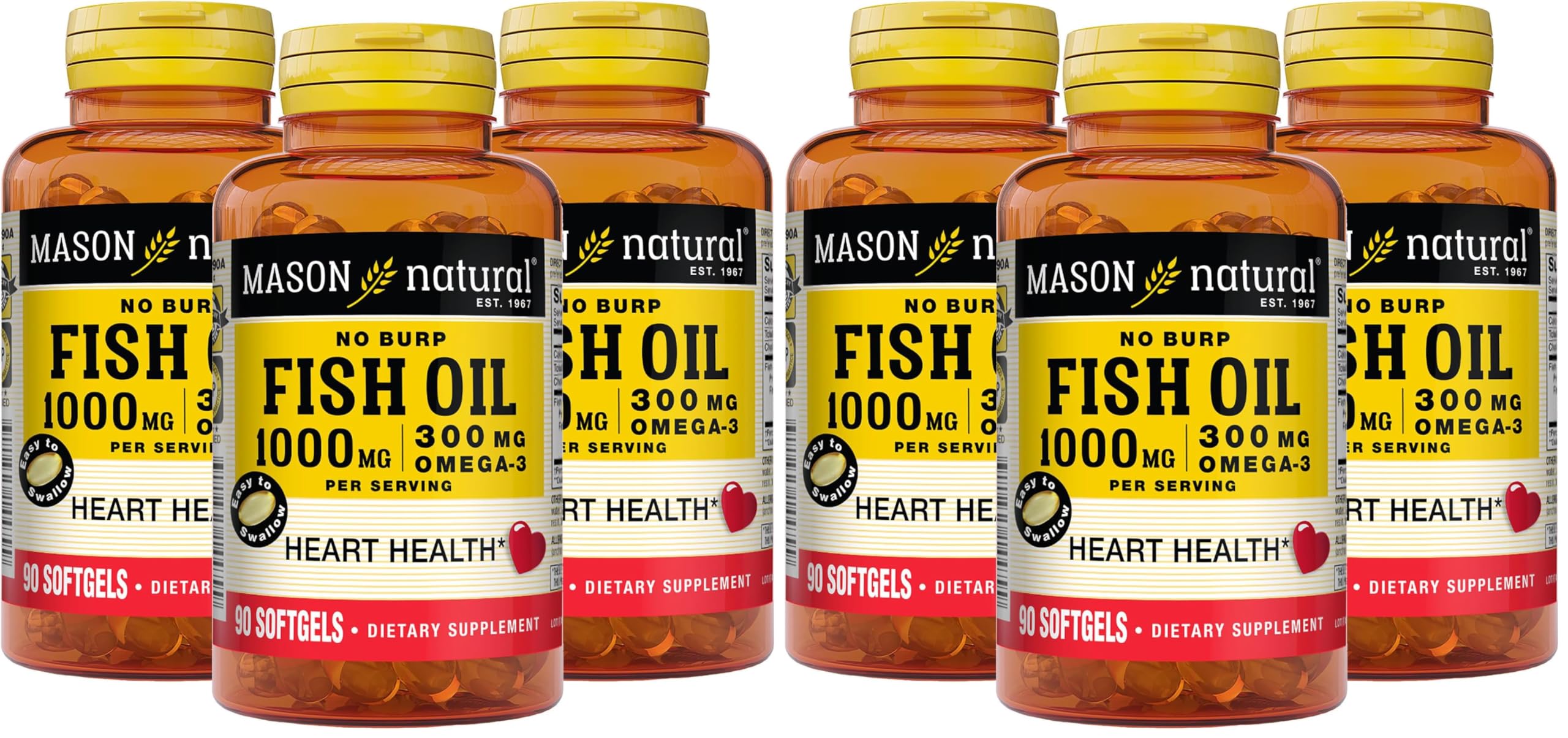 Mason Natural No Burp Fish Oil 1000 mg Omega-3 300 mg - Healthy Heart, Supports Circulatory Function, Improved Cardiovascular Health, 90 Softgels (Pack of 6) Unflavored 90 Count (Pack of 6)